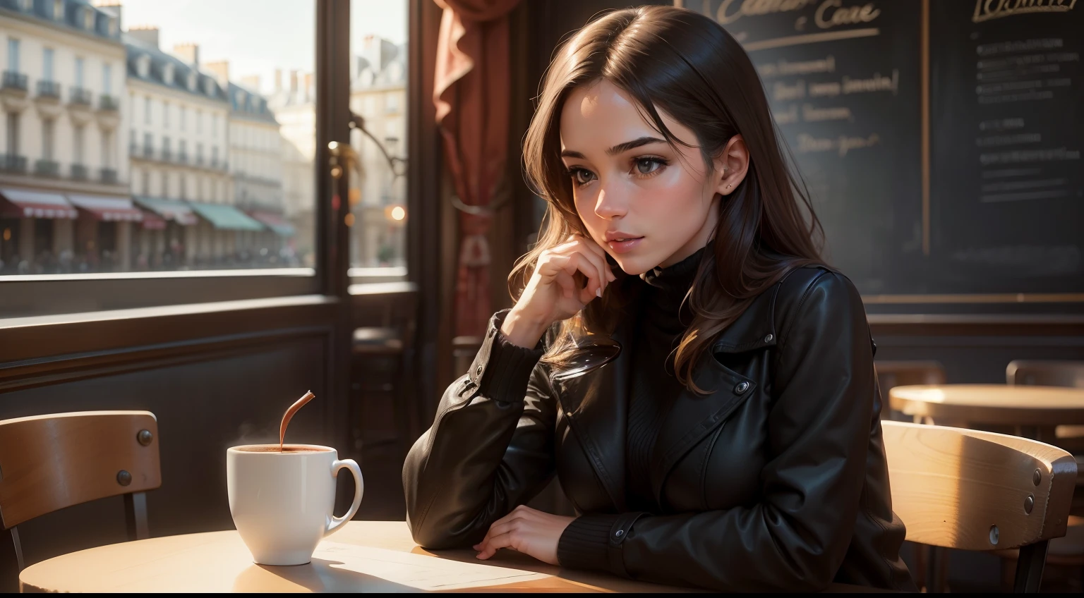 Draw a scene of a Parisian café with a cup of coffee with a girl
