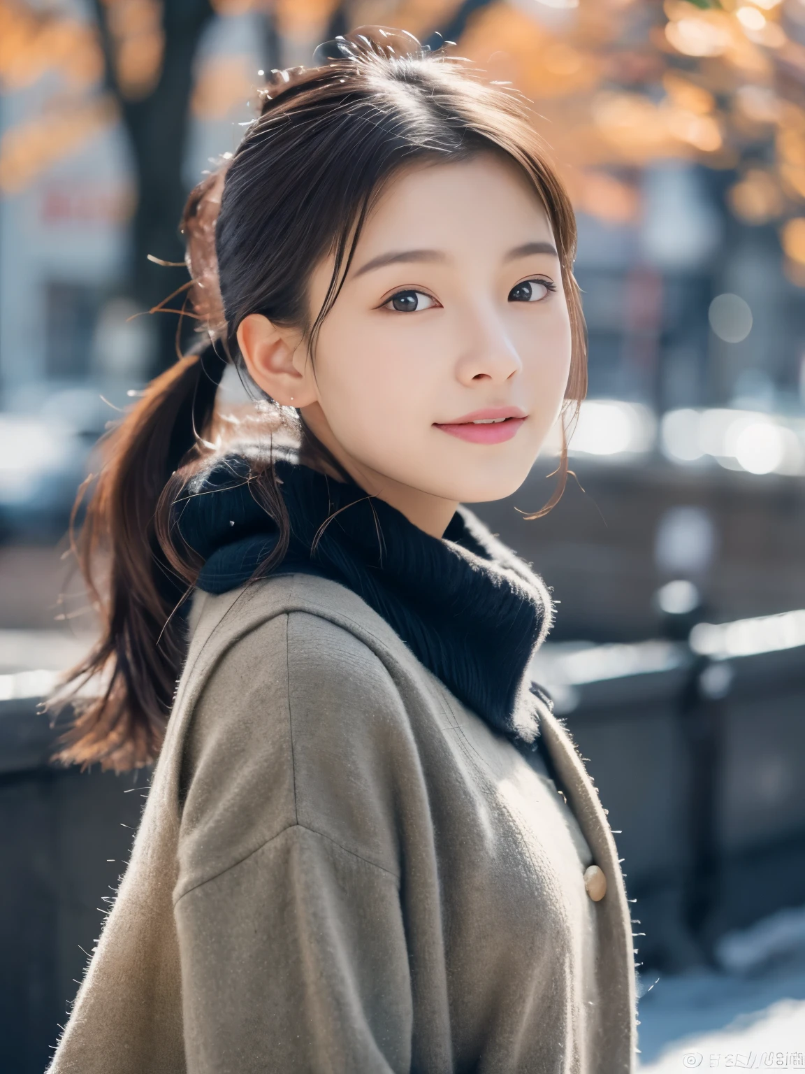 Photorealsitic, 8k full-length portraits, Beautuful Women, A charming expression, poneyTail, sixteen years old, TOKYOcty, Winters, Shibuya in the background