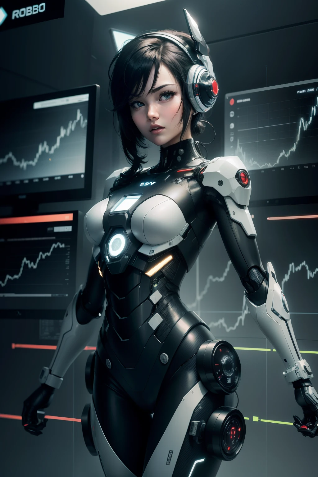 Roboto, operando Day Trader, with image of charts and indicators on the stock exchange.