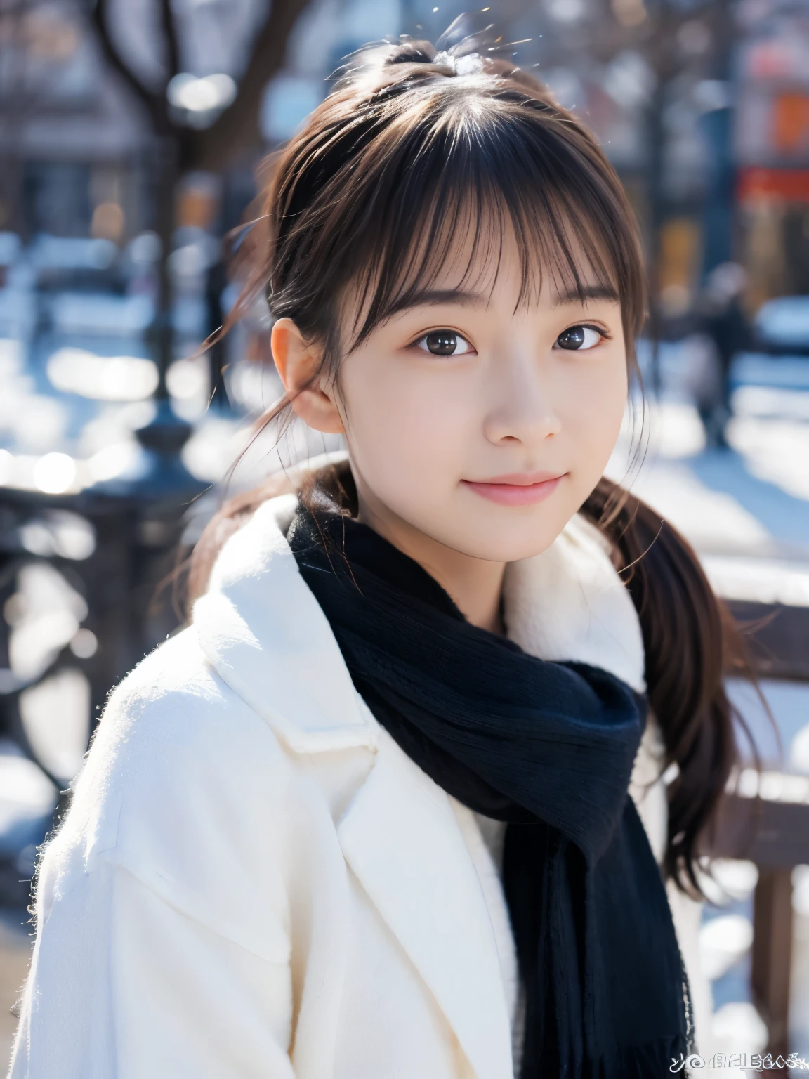 Photorealsitic, 8k full-length portraits, Beautuful Women, A charming expression, poneyTail, , TOKYOcty, Winters, Shibuya in the background