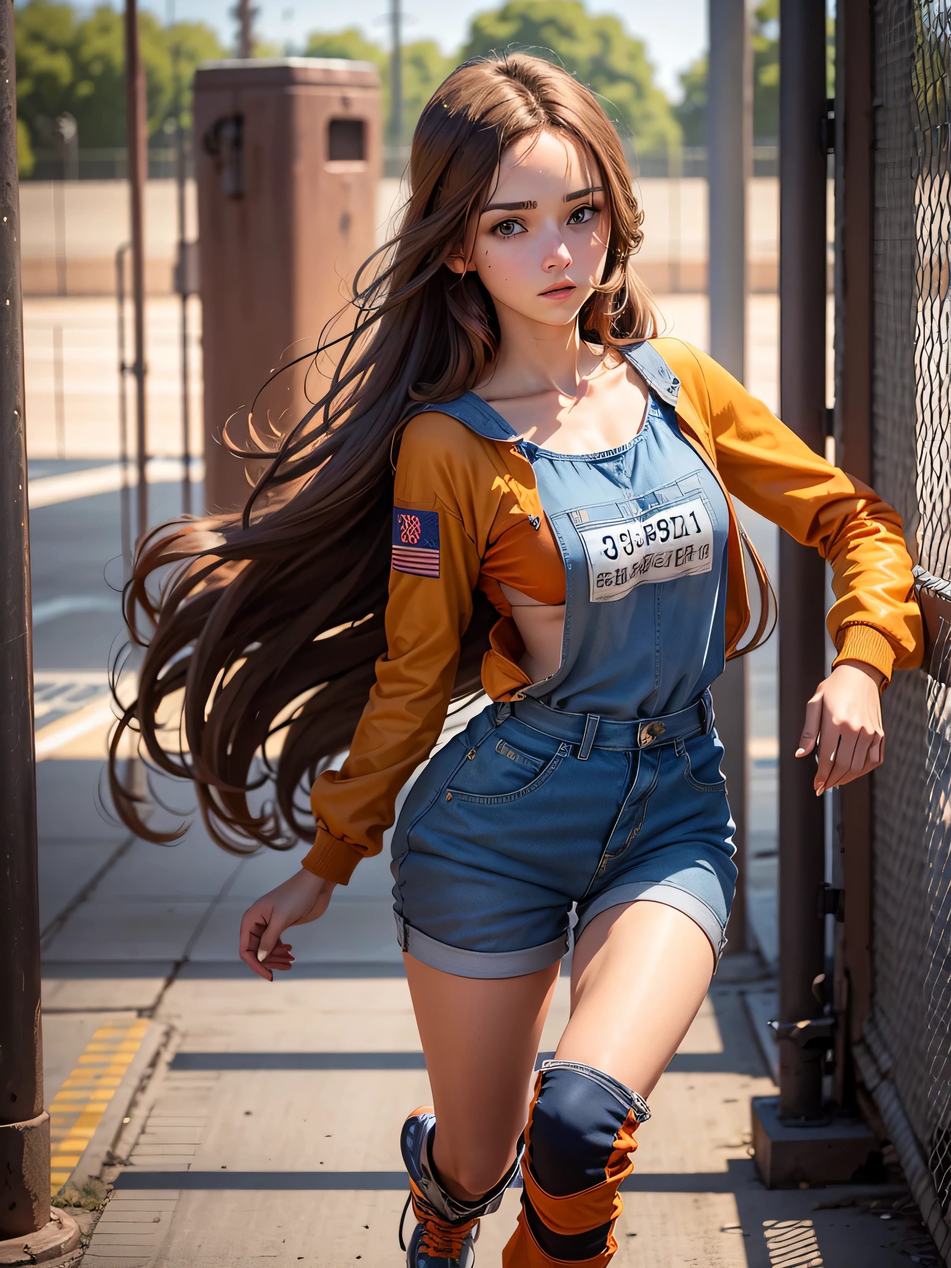 Beautiful brown hair, blue eyes, orange jumpsuit, clothes, loose hair, American, 19 years old, beautiful woman, prisoner, rollerskating on a prison yard, cute, 1girl