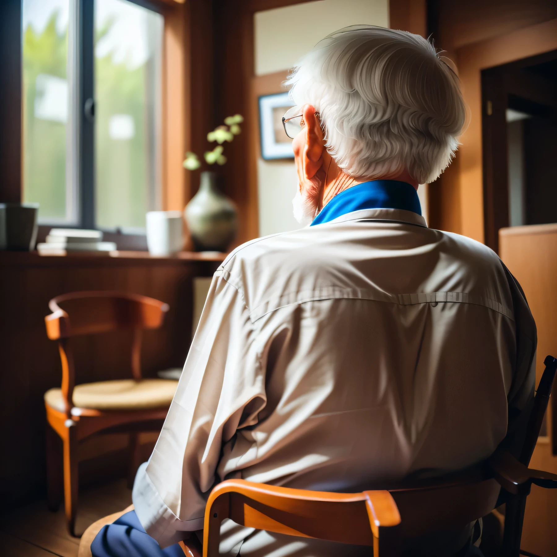 an Old Man sitting in a chair looking out the window, an A old man, Man sitting facing away, A old man, frail, the look of an A old man person, nursing home, an Old Man, over the shoulder view, Old Man, dementia, an 80 year Old Man, Remembering his life, in a comfortable chair, sit a chair, seated on wooden chair