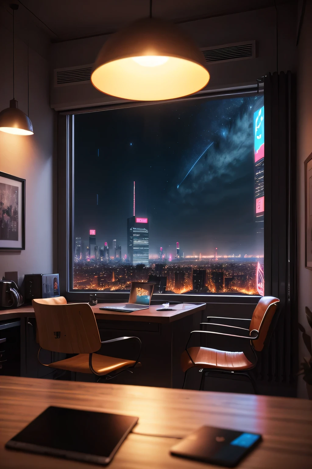 High-quality technological cyberpunk theme room, Large seamless windows feature city views, cyberpunk apartment, starrysky, Cyberpunk under neon lights, Spectacular views,On the table there is a MacBook and a Communist Manifesto