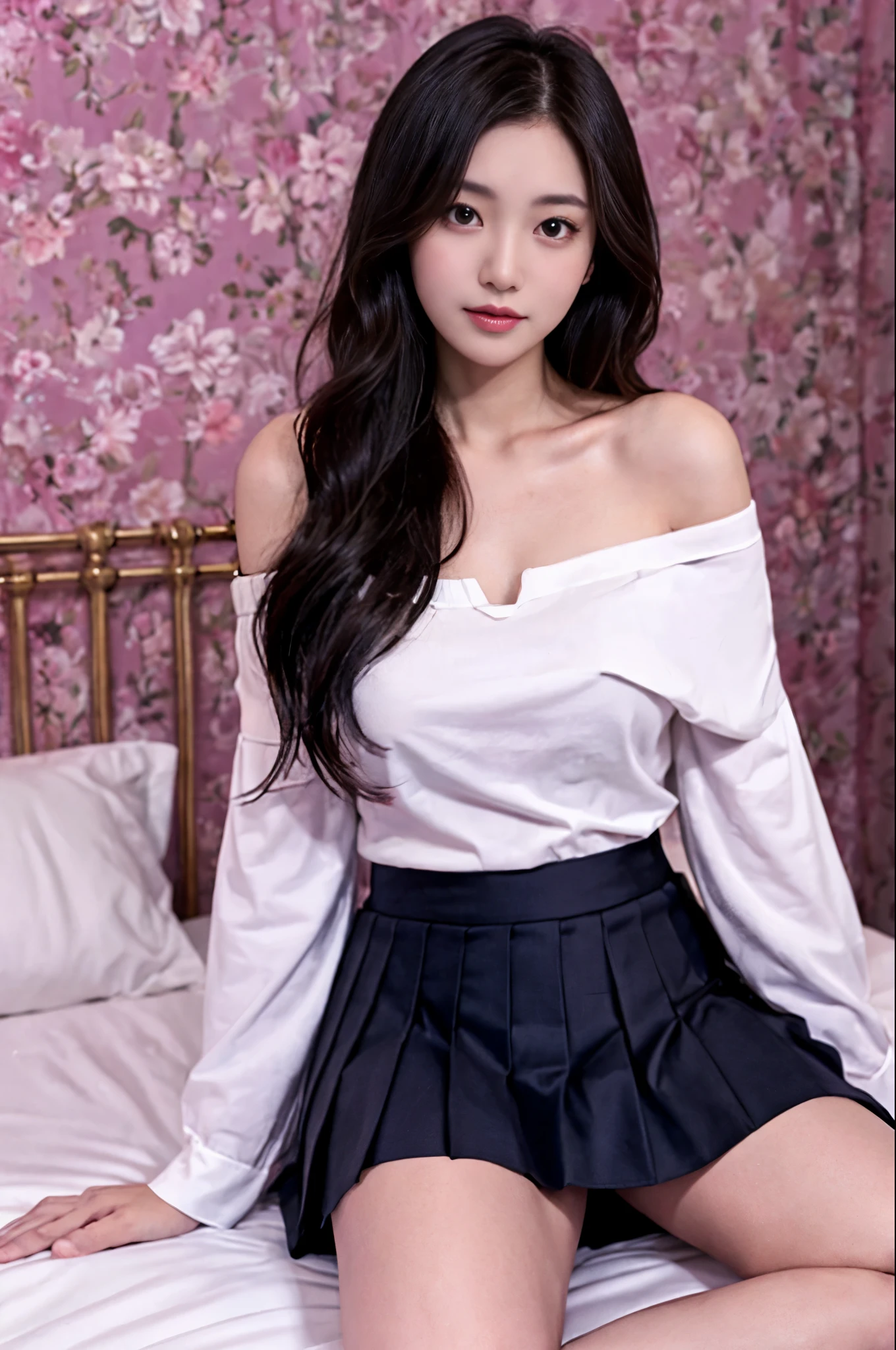 lady, posing to viewer, solo:1, pov, Legs spread, beautiful thighs,
Bedroom background, long hair, 3/4 body, Off-shoulder V neck blouse and mini pleated skirt