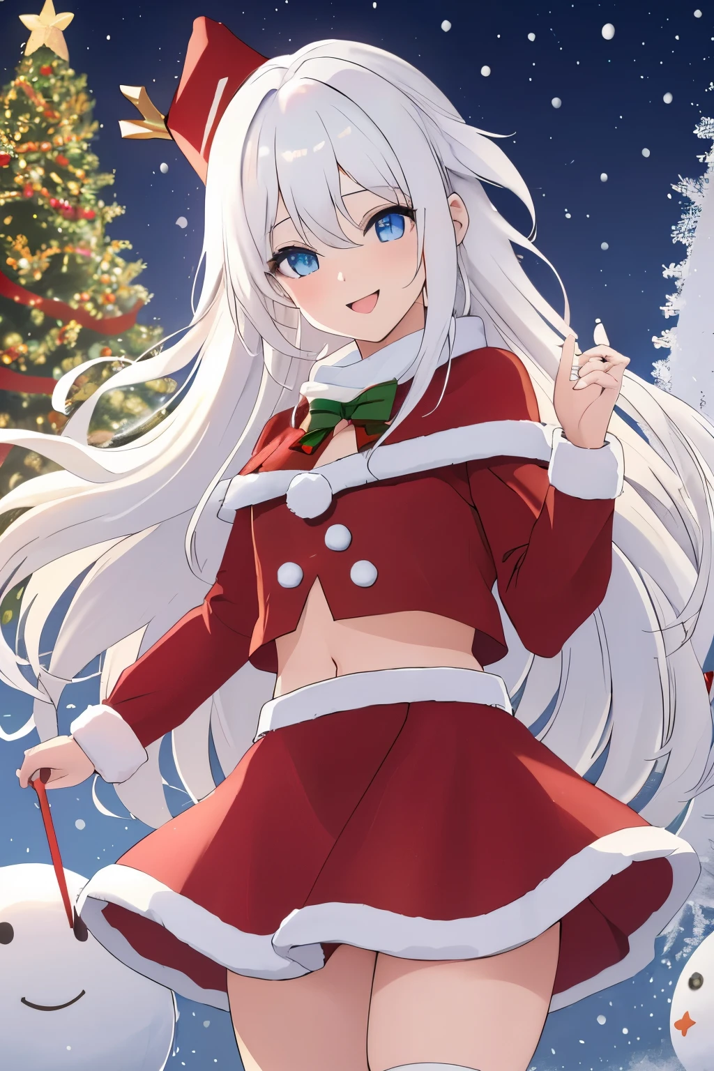 Chica anime, ((Masterpiece), top-quality, Top image quality, ((((solo)))), ((((white hair)))), long hair, Beautiful blue eyes, Shining eyes, dye one's cheeks red, smile, s girl, 18yo, cute, Santa Claus costume, midriff peek, mini skirt, snowflakes falling, Heavy snow falls, snowman, A world where snow piles up, Christmas tree, 8k