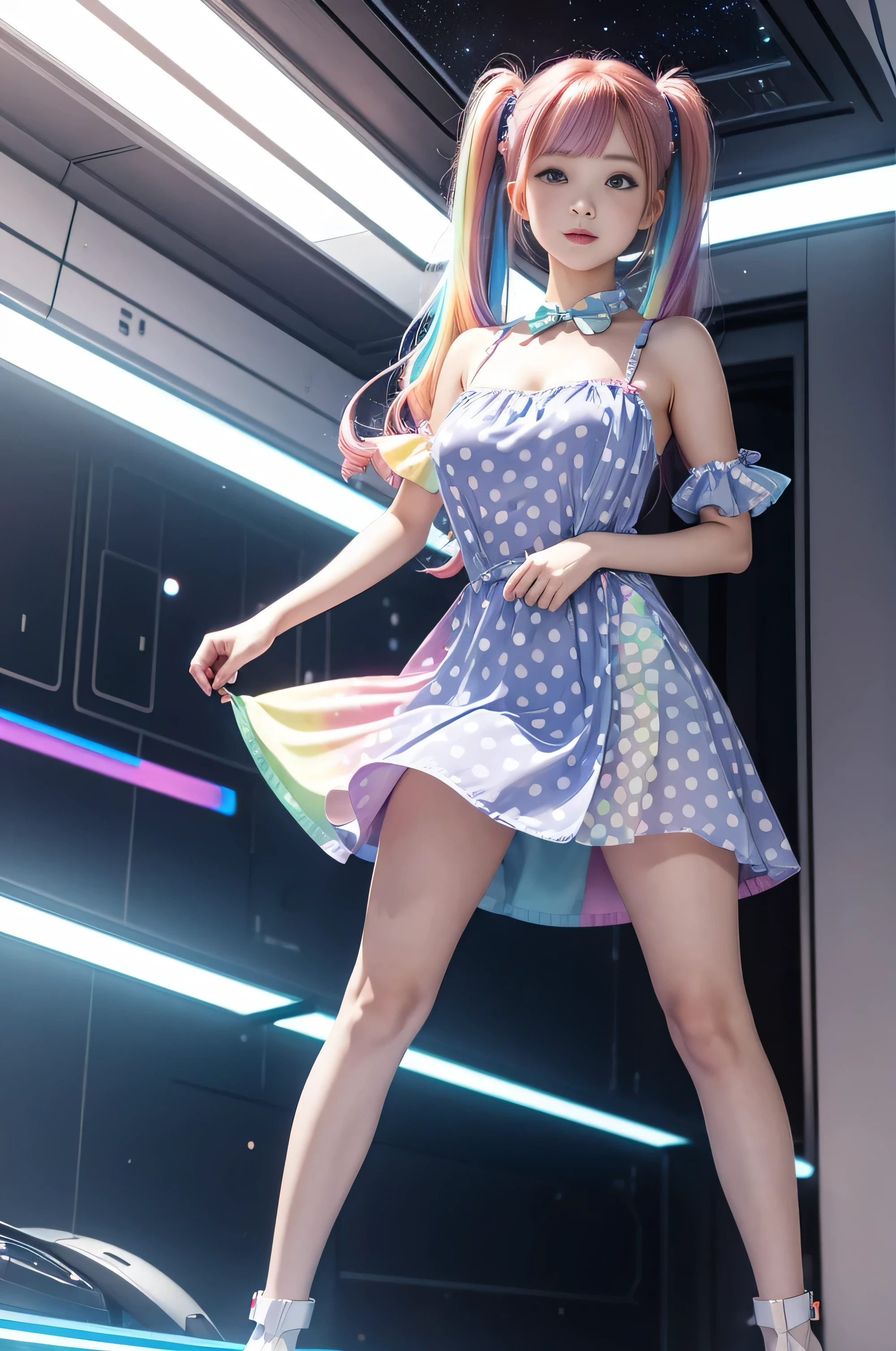 Cute redhead, gravure Idol, with rainbow colored hair tips, ribbons in her hair, 18-year-old woman, happy, in twin tails, perfect symmetrical eyes, clear sparkling blue eyes, pale skin, silky smooth skin, standing on a fancy luxurious space ship, large futuristic corridor, control panels, wood trim, decorative plants, warm lighting, wearing a futuristic party dress, pleated (chemise) mini dress (pastel rainbow colors, and polka dots), wearing full body pantyhose, cute short cut booties.