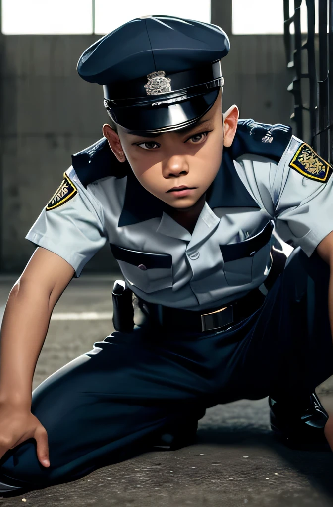  male boy, serious face, angry face, detail police uniform, wear cap, Shaved head faded sides lying down, leg open widely, look on uniform belt trouse, REALISTIC, dirty prison background, urine on ground, whip butt, closer look on belt, view from bottom, view uniform trouser look