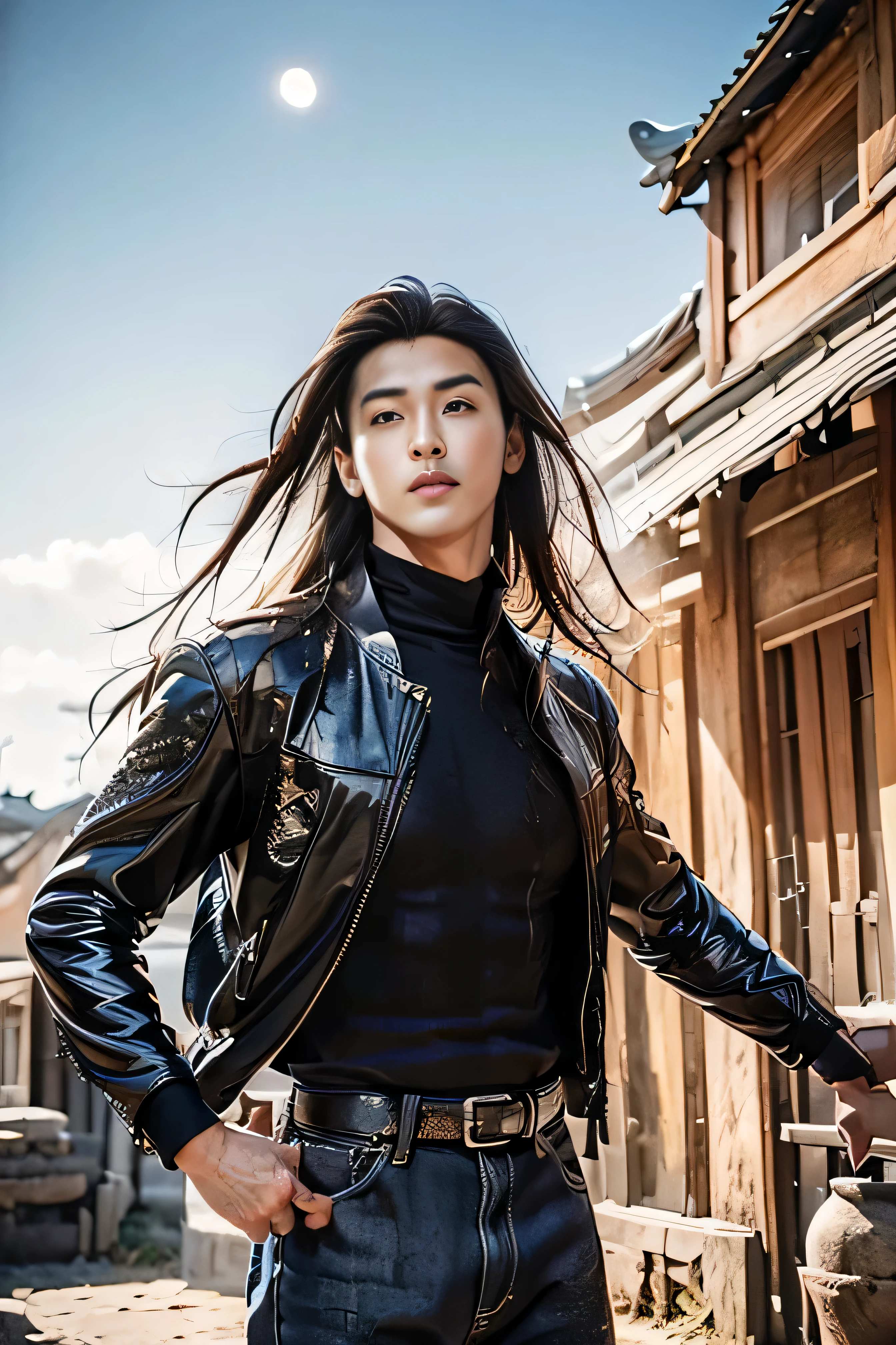 A 21-year-old Asian man,Thick eyebrows, handsome face,Men's full body ,the background is an ancient Chinese town,Time is night。Deep blue sky,A full moon,Pavilions and arch bridges,The limbs have pronounced muscle lines,high-definition photography,Real-world scenarios,Lots of detail, wearing black leather jacket, black jeans, black turtleneck shirt, magic, ((messy long hair)), looking at viewer, devilish gaze at viewer