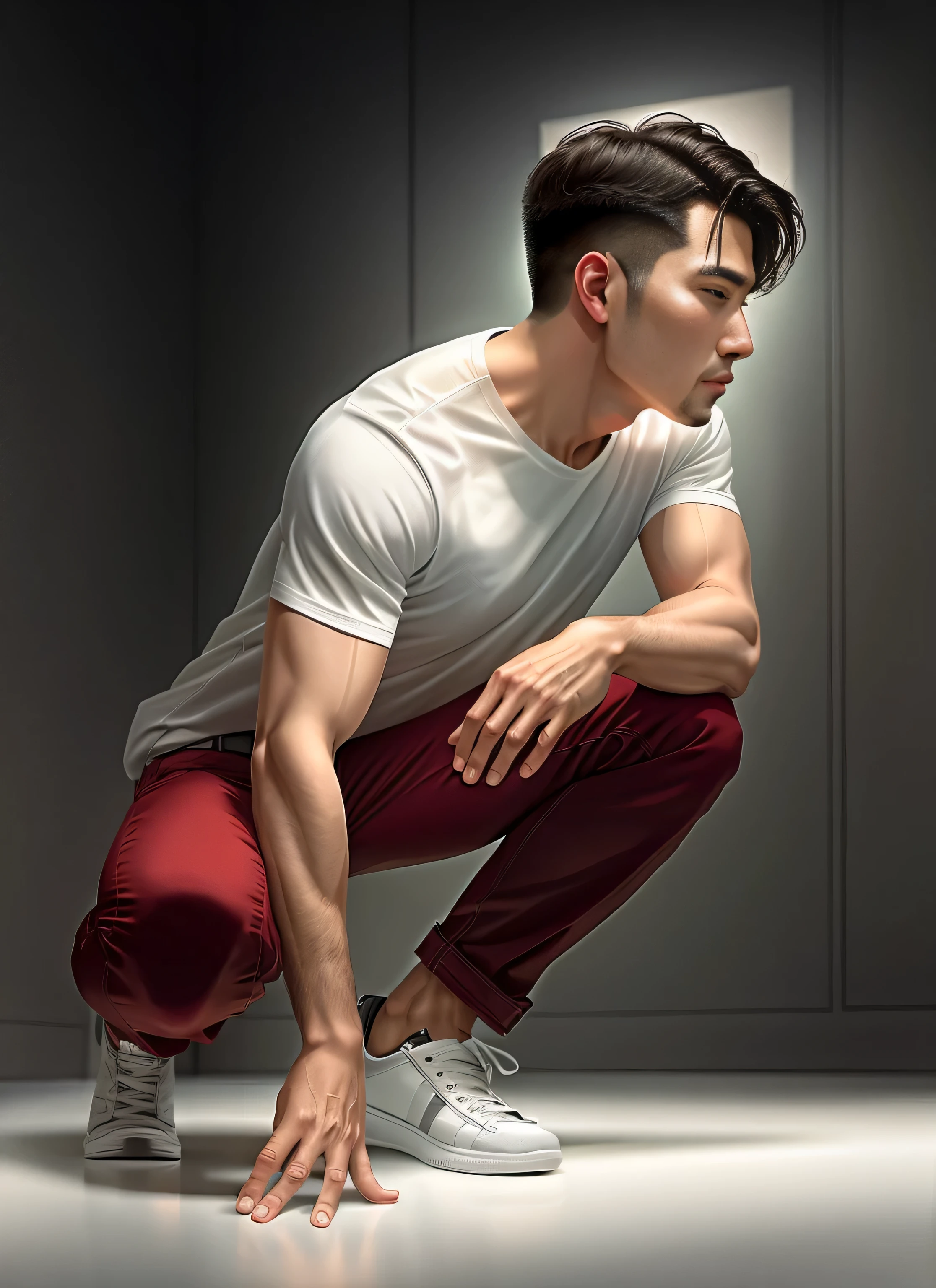 A man around 40 years old squatting with his hands on his knees in a white room., male model, masculine pose, Model Posing, Asian Male, Korean Male, Casual pose, model standing pose, Engaging pose,