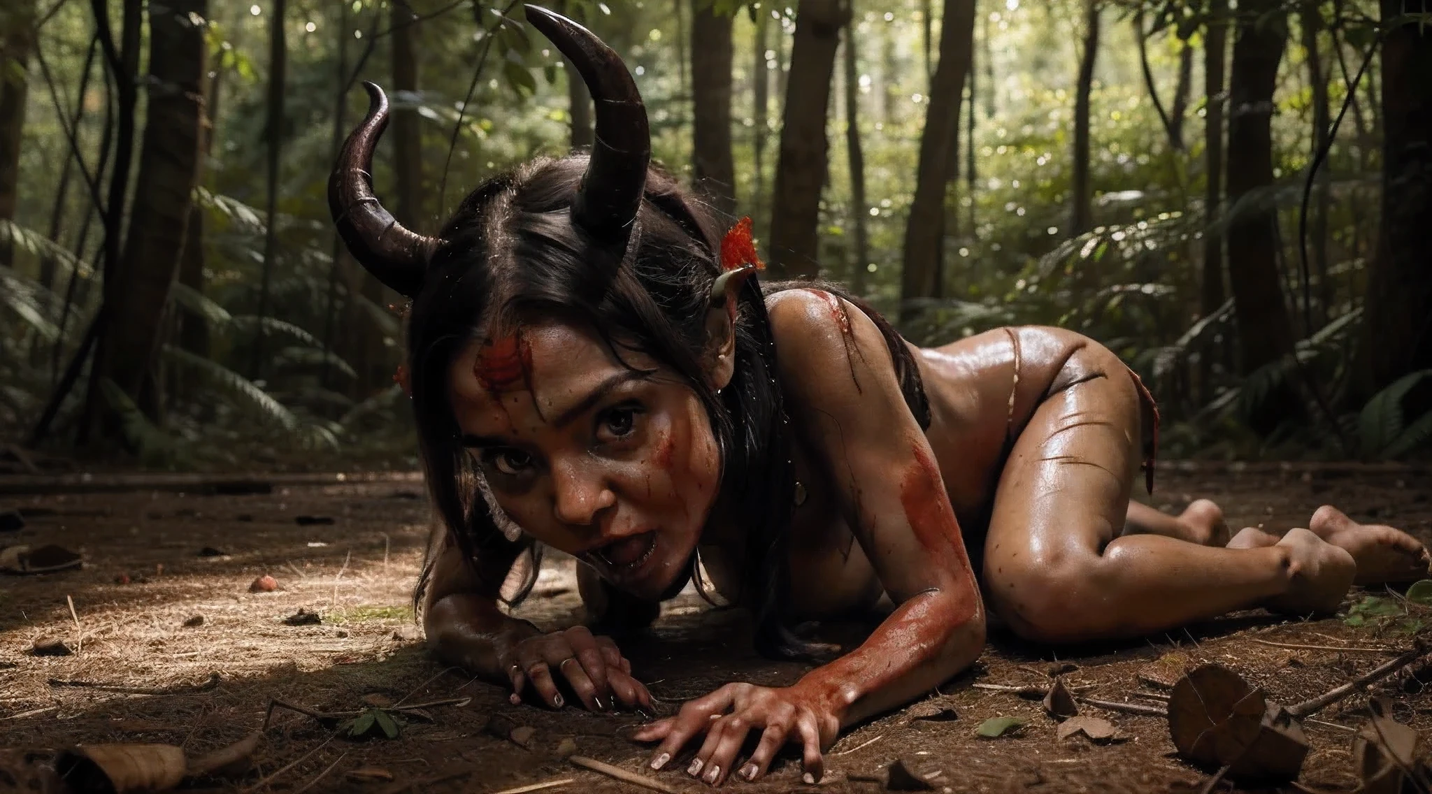 Demon baby being born from its mother's head'The deformed and torn body on the floor, Highly detailed baby with pointy horns, olhos totalmente negros, corpo pequeno e sem roupa, corpo composto de sangue pisado, extremamente assustador, vermelho, bloody skin tearing pieces off its mother, Carne exposta. Scenario in a forest. Birth of a demon baby with a humanoid appearance, olhos negros e pequenos chifres pretos, corpo de cor de sangue, na floresta noturna.