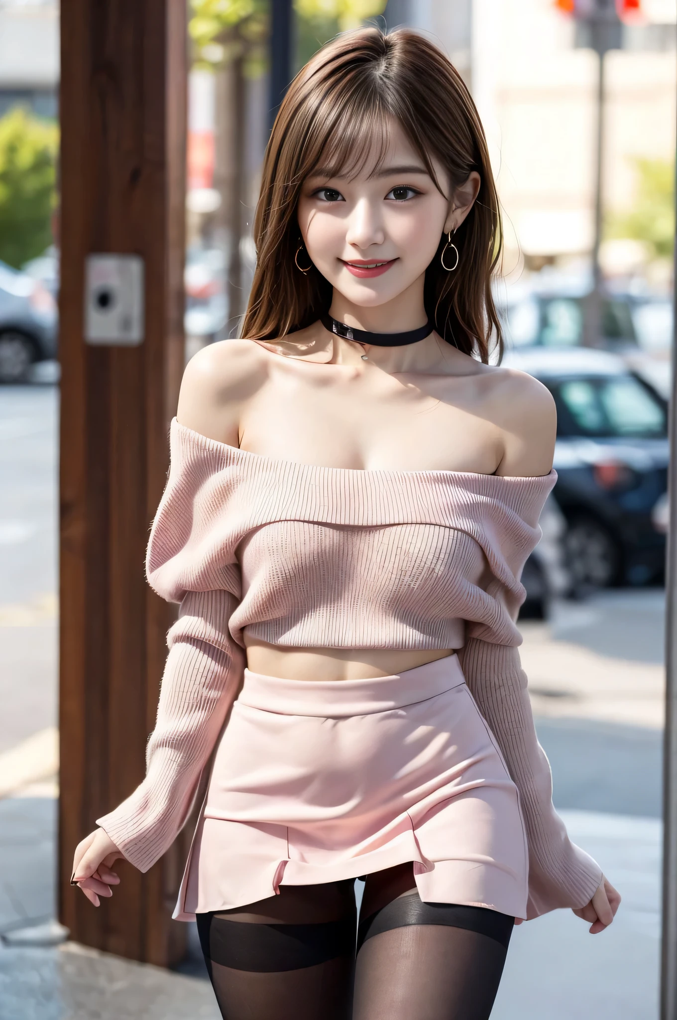 1 girl, Extremely bright backlight, Alone, {beautidful eyes}, , Highly Detailed Face and Skin Textur,expression of pure desire, The light is naturally soft, Hair Fluttering in the Wind, exquisite facial features, bluntbangs, beautiful Korean girl, Eyes full of smiles, Very small earrings, (She is wearing a tight pink mini skirt,Off-the-shoulder style_a skirt,black pantyhoses:1.3),choker necklace,,21yo, filmgrain, real hand,Smile shyly,From the knee up,A sexy pose