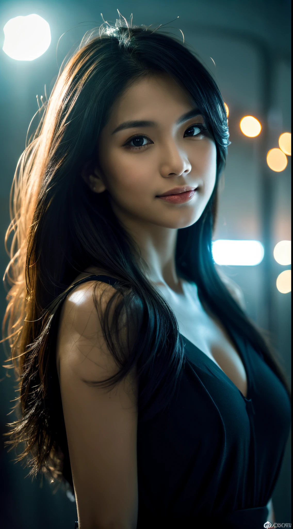 highest quality, epic realistic, ((in the pitch black darkness :1.4)), ((portrait:1.5)),(background: dark ) high contrast ,glorious picture, lowest lux, lighting face, she's comfortable, wearing nothing, , looks incredible, (8k, Raw photo, Highest quality),(epic realistic:1.5), a woman, face,(detailed eyes:0.8),(looking at the camera:1.4), (Highest quality), ( high contrast, deep shadows),Intricate details,cinematic,((skin:1.4)), (long dark hair:1.3), long hair, messy ,(Hdr:1.5),Detailed, colors, Superior quality, Masterpiece, Raw Photo (20-year-old, looking at viewer), beautiful, (wearing plain yellow shirt,), perfect, natural, perfect composition, portrait, perfect face, smiling expression, Captivating eyes, Bright details, Tight lips, (High Skin Detail),, (blue tint: 0.6), (sale: 0.8), (bloody: 0.7), Key lighting , (backlight: 0.5), Medium depth of field, Canon 5d, 50mm lens, f/4 apertures, (Ultra-detailed, Complex detail), sharp focus, soft colors, 8k, Absurd, 80mm, bokeh background, photography, smiling, pinay, filipina, large boobs, neon lights background, bokeh