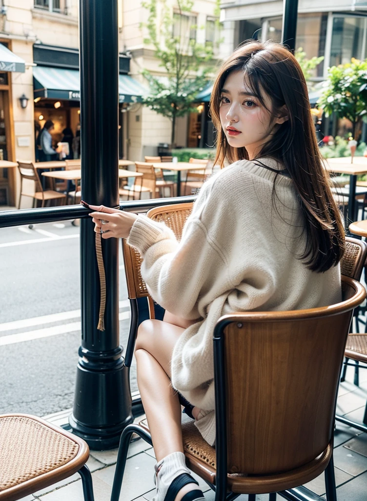 Terrace seating in an open café, Pedestrian road with lots of people, crowded cafe, girl sitting on a chair