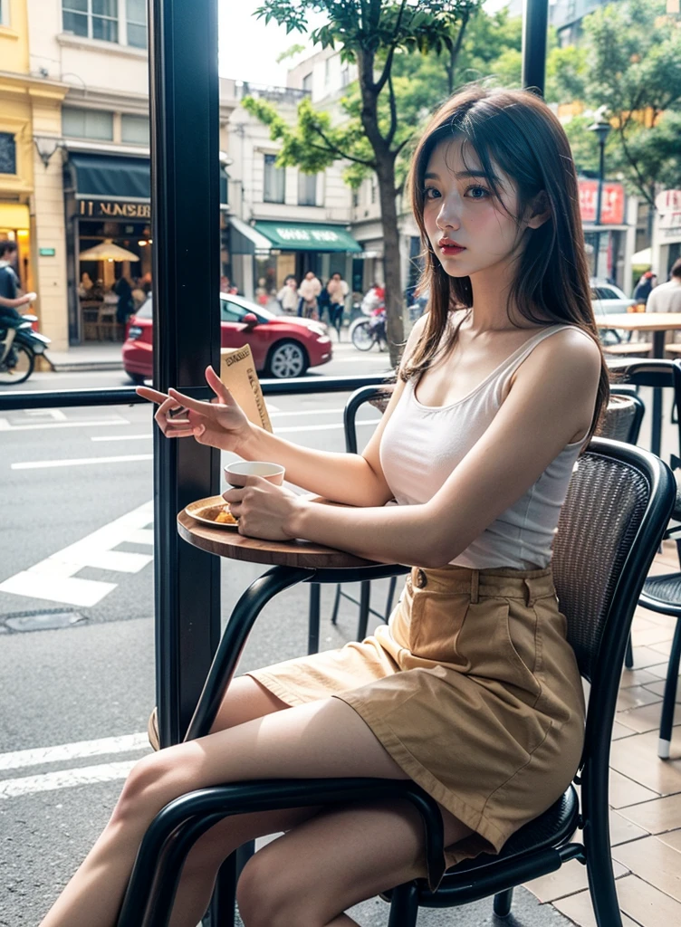 Japanese university students chatting happily while drinking coffee at a cafe.、Sitting on a chair、Very short skirt、I can see my feet from under the desk、cafes、Looking into the distance、ami、portrait shooting、Very detailed face、Face like an idol、One leg raised、Panties are visible、extremely short skirts、slit、Thigh、s ass、Looking into the distance、Model body type