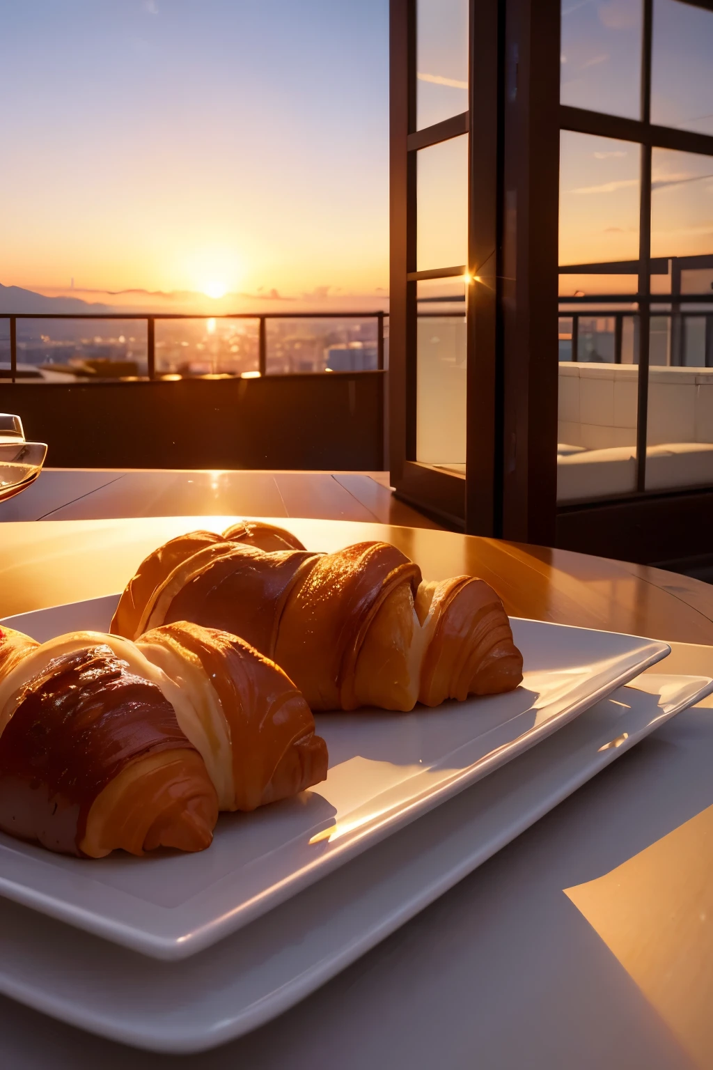 (Two croissants)), a cup of coffee, chocolate on the side, looks like you're in a fancy villa, the pool in the distance,a food photography, Michelinstar,mouthwatering and enticing presentation, Golden hour, shallow depth of field,Very real colors and comfortable light,close-up,Sony FE