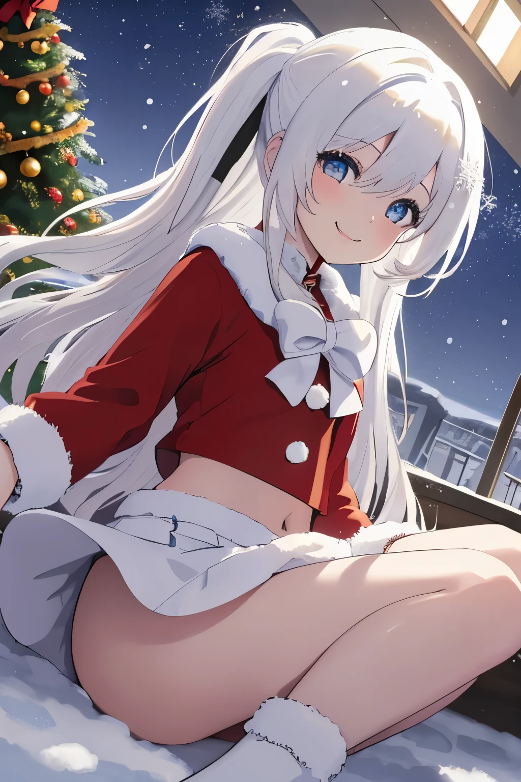 Chica anime, ((Masterpiece), top-quality, Top image quality, ((((solo)))), ((((white hair)))), long hair, Beautiful blue eyes, Shining eyes, dye one's cheeks red, smile, teens girl, 18yo, cute, Santa Claus costume,  midriff peek, mini skirt, snowflakes falling, Heavy snow falls, snowman, A world where snow piles up, Christmas tree, 8k