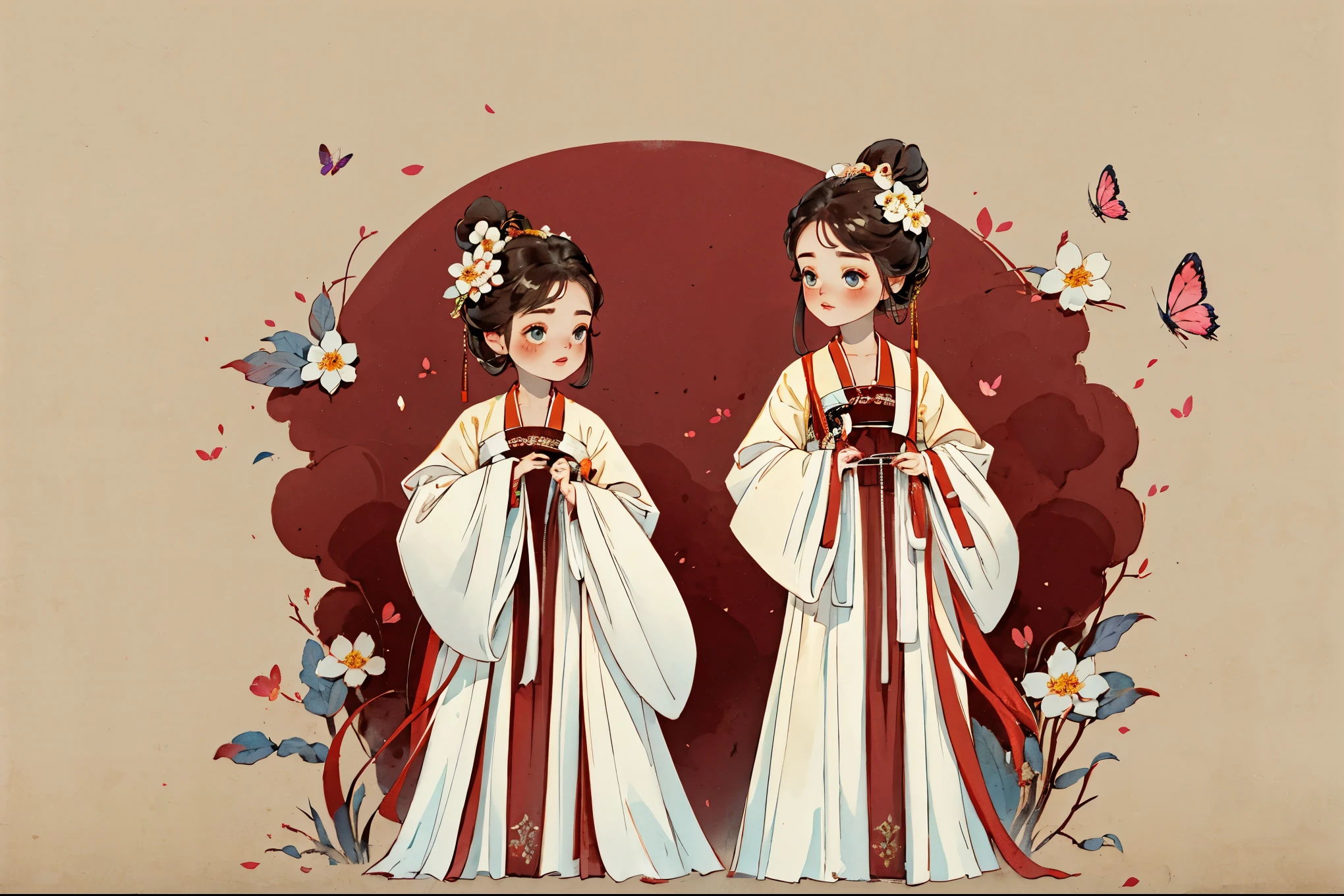 1 Sister, Alone, looking at viewert, face flushed, Background with, long, floated hair, hair adornments, longer sleeves, white backgrounid, everlasting, Full body lesbian, White coat, Hanfu, cloaks, flowers blooming, hairflower, hair-bun, butterflys, tmasterpiece, recent quality, The finest details, Clear facial features, beautidful eyes