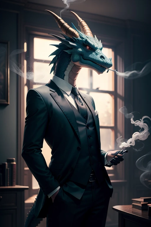 anthropomorphic dragon, dressed in a suit, Smoking, lightroom, Cinematic, hdr, primitive, Intricate, High quality, soothing tones, Intricate details, Low contrast