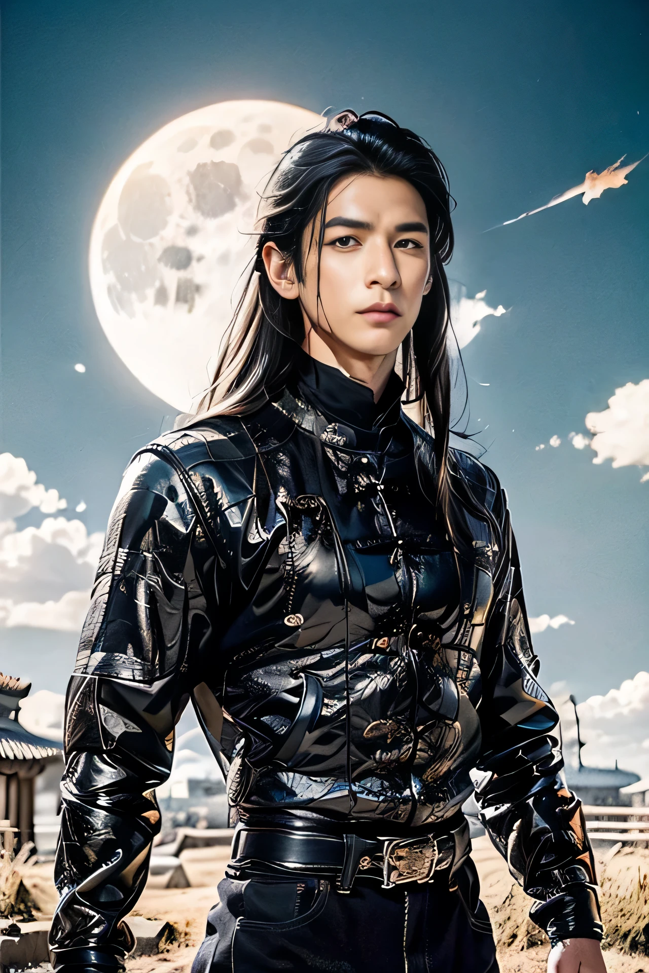 A 21-year-old Asian man,Thick eyebrows, handsome face,Men's full body ,the background is an ancient Chinese town,Time is night。Deep blue sky,A full moon,Pavilions and arch bridges,The limbs have pronounced muscle lines,high-definition photography,Real-world scenarios,Lots of detail, wearing black leather jacket, black jeans, black turtleneck shirt, magic, ((messy long hair)), looking at viewer, devilish gaze at viewer