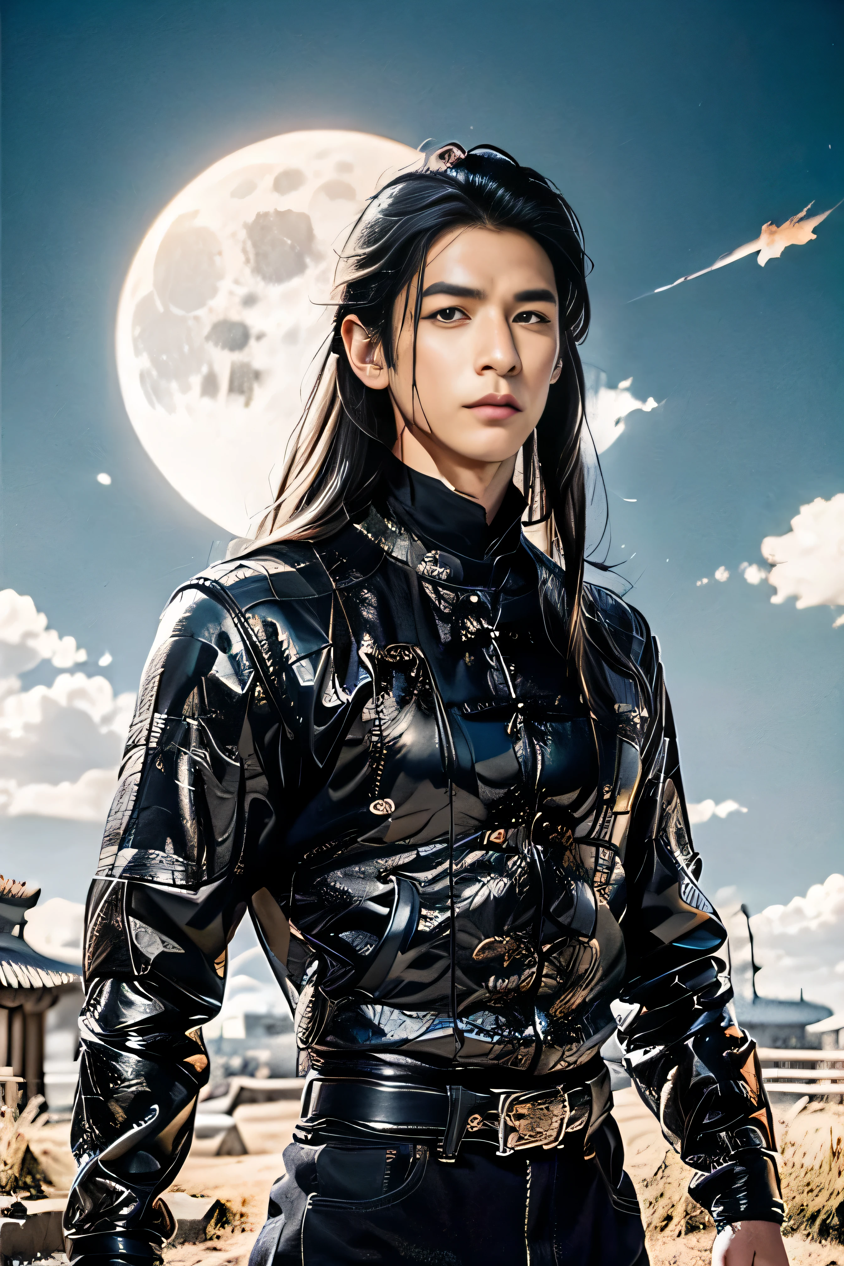 A 21-year-old Asian man,Thick eyebrows, handsome face,Men's full body ,the background is an ancient Chinese town,Time is night。Deep blue sky,A full moon,Pavilions and arch bridges,The limbs have pronounced muscle lines,high-definition photography,Real-world scenarios,Lots of detail, wearing black leather jacket, black jeans, black turtleneck shirt, magic, ((messy long hair)), looking at viewer, devilish gaze at viewer