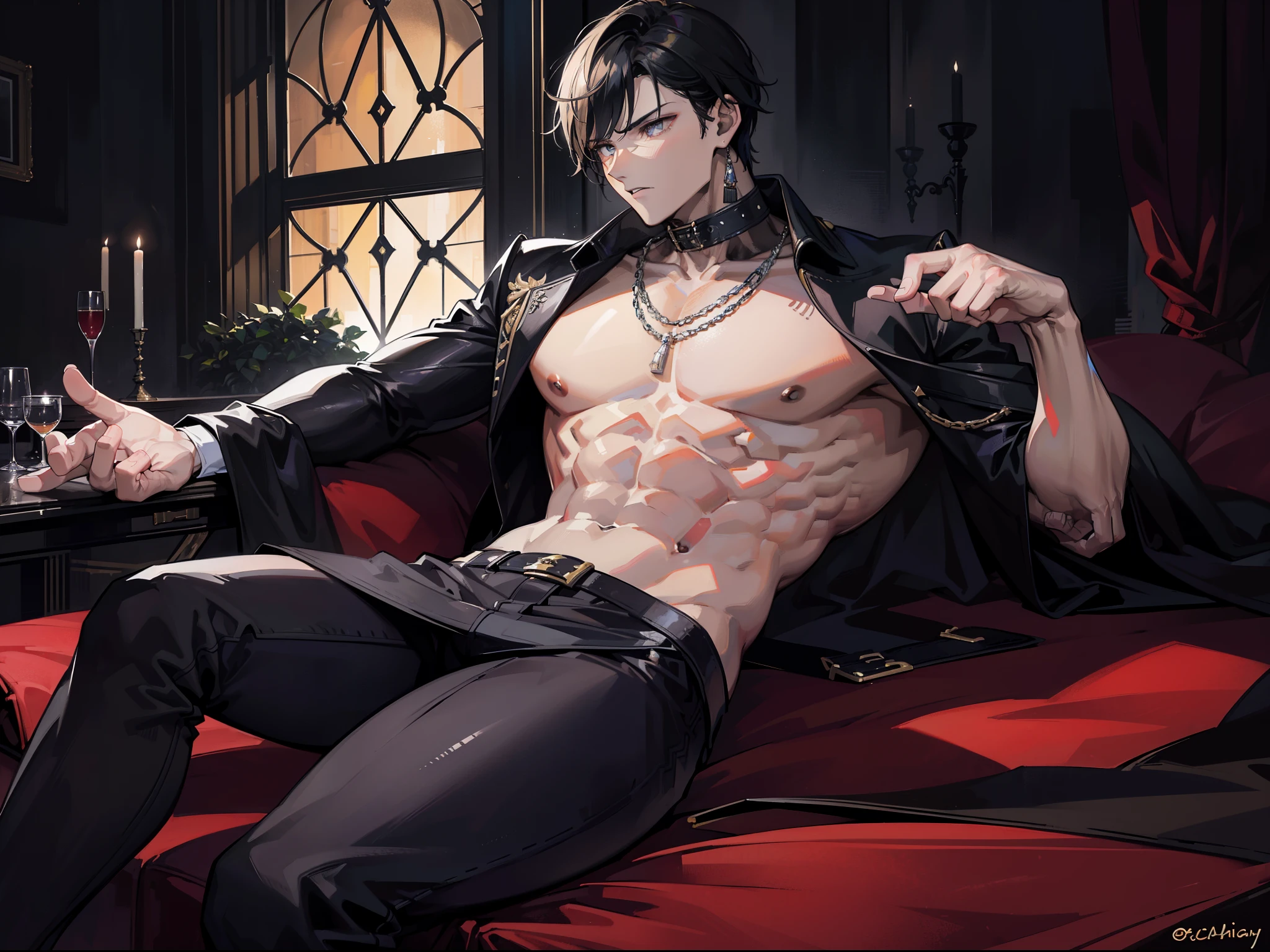 ((Masterpiece, Highest quality)), Detailed face, dramatic lighting, dark colors and atmosphere, full body, Full of details, frontal body view, back body view, Highly detailed, Depth, Many parts, Muscle boy with short black hair,handsome man, mercenary, man tall, pectoral muscles, abs, seductively laying down, beckoning