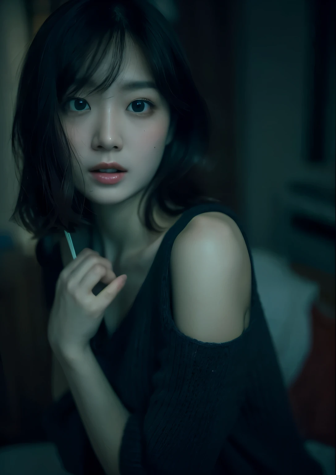 (in 8K、Raw photography, top-quality, hight resolution:1.2)、(realisitic、photoRealstic:1.5)、hight resolution, top-quality, ultra-quality, The ultra-detailliert, lighting like a movie、one girls、25-years old、Change of clothes、((A girl wearing a sweater and pants made of thin fabric)), Take off your clothes、Grabbing the hem of clothes、Pulling up clothes、dynamic compositions、A detailed face、Smaller chest、beautiful a girl、The upper part of the body, [[Mole]], ((Short hair)), ((Wavy Hair)), Detailed body, Cute and very detailed eyes, ((room at night)), ((Dark light)), dark ilumination, (blue hue), (Cool lighting),(( Looking away )), (((Drunk,naughty face))),35mm Film,nsfw