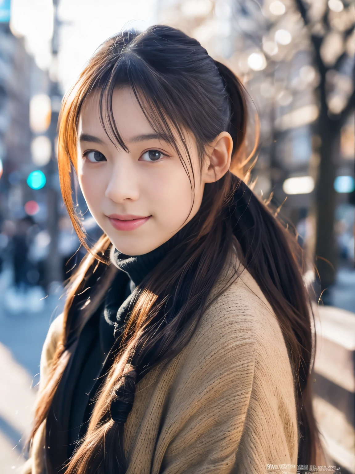 Photorealsitic, 8k full-length portraits, Beautuful Women, A charming expression, poneyTail, , TOKYOcty, Winters, Shibuya in the background