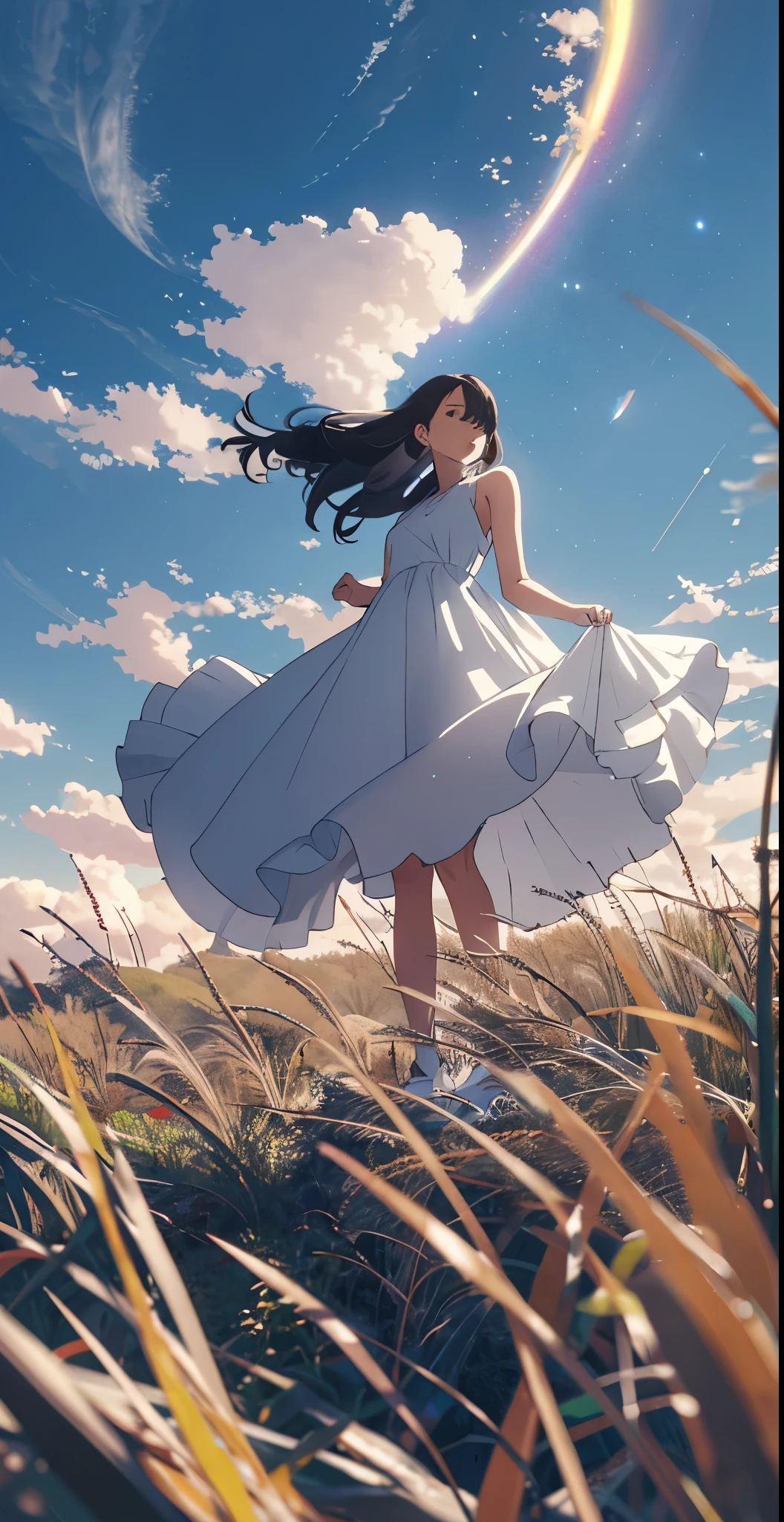 A woman in a white dress standing in a field with a rainbow - SeaArt AI