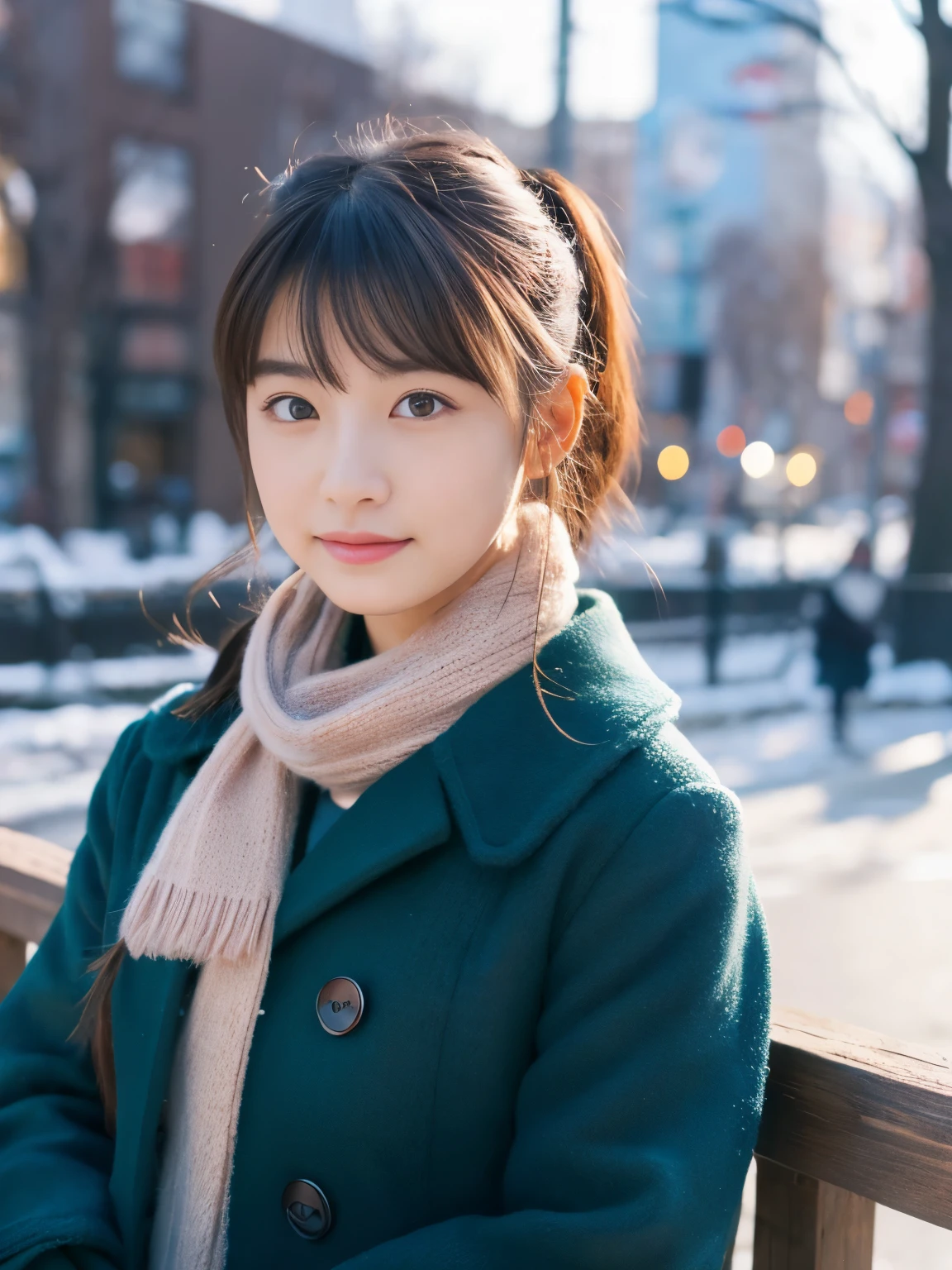 Photorealsitic, 8k full-length portraits, Beautuful Women, A charming expression, poneyTail, sixteen years old, TOKYOcty, Winters, Shibuya in the background