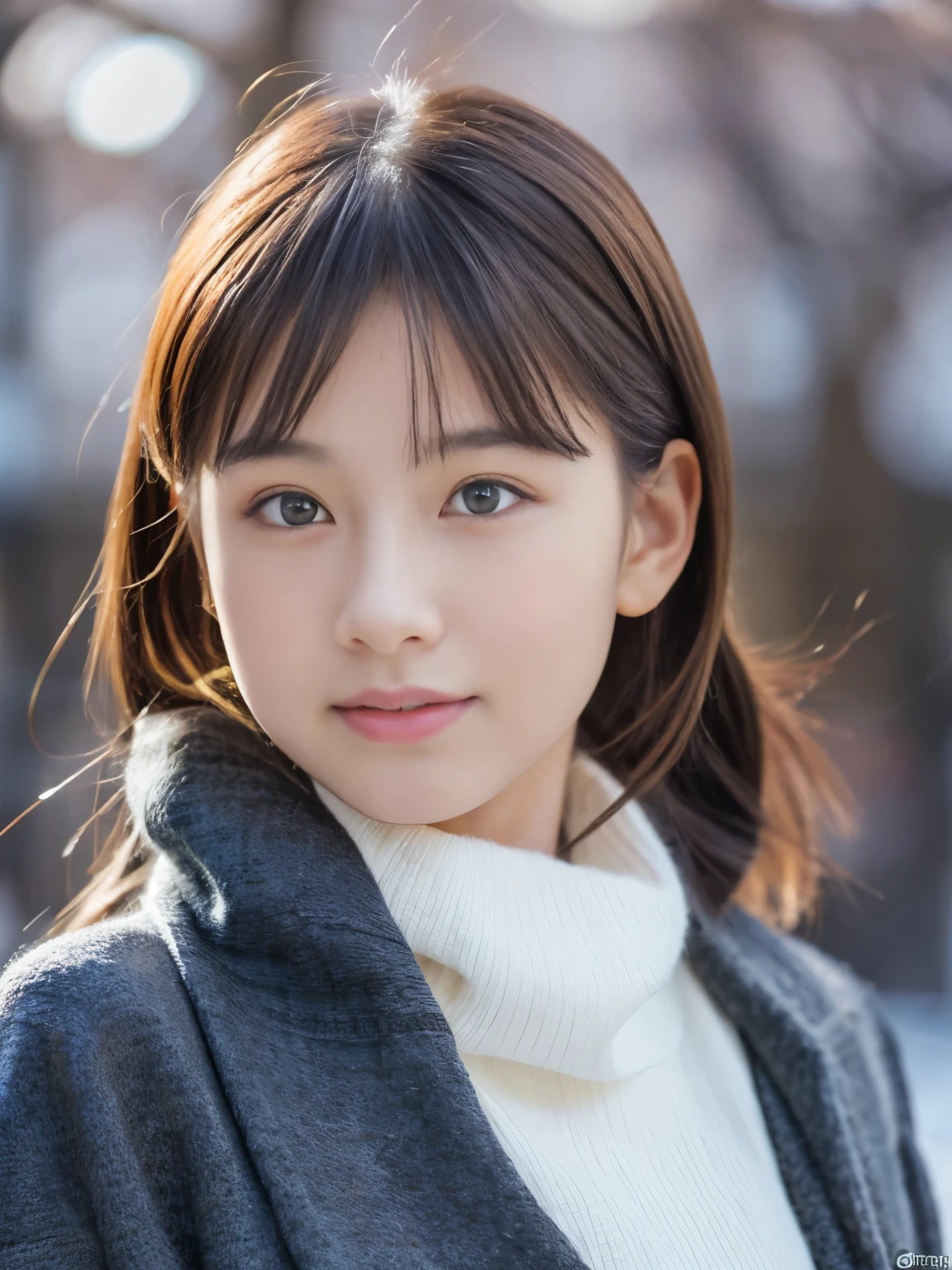Photorealsitic, 8k full-length portraits, Beautuful Women, A charming expression, poneyTail, sixteen years old, TOKYOcty, Winters, Shibuya in the background