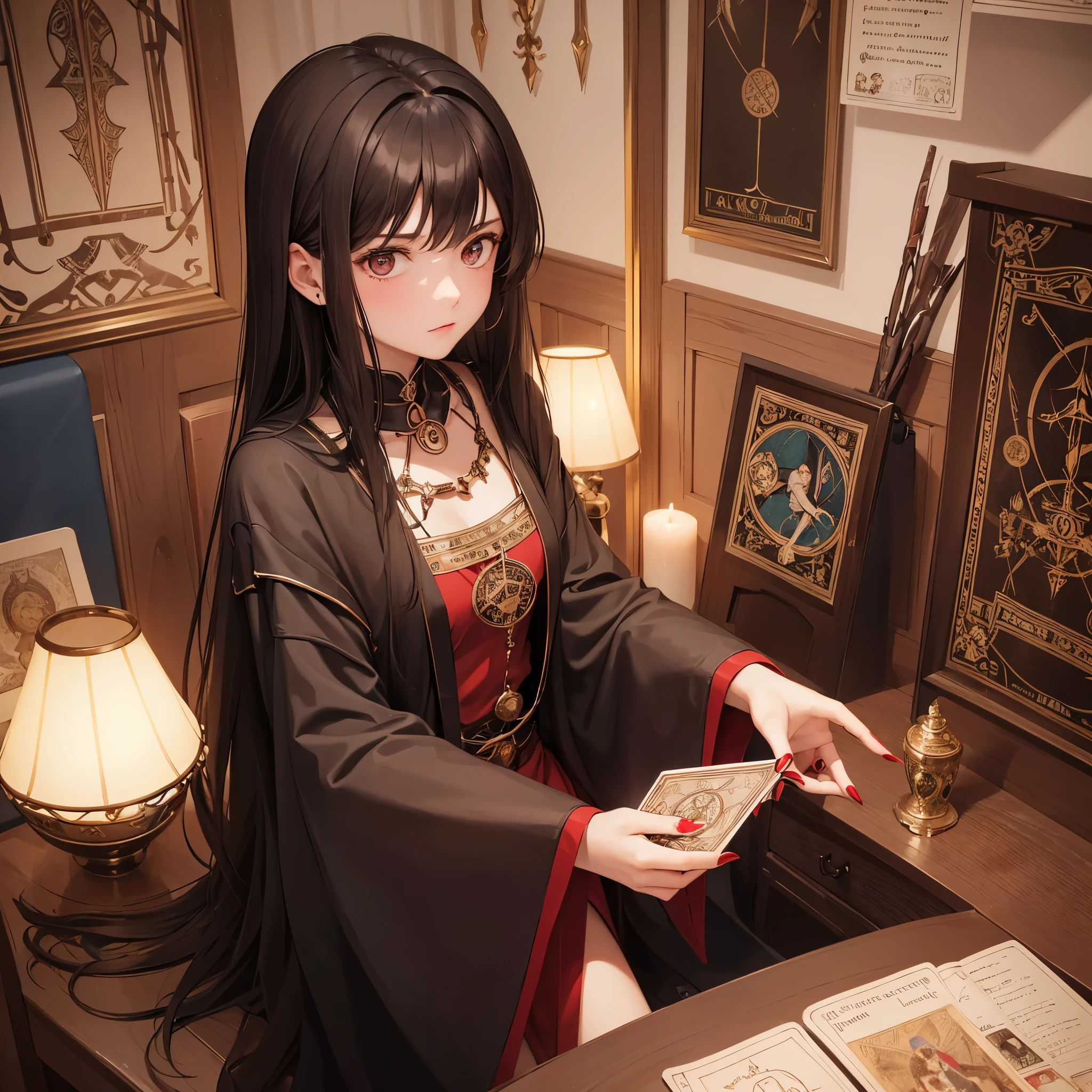 A girl, medium length dark brown hair, Tarot cards in hand, Tarot on the background, esoteric, red nails,