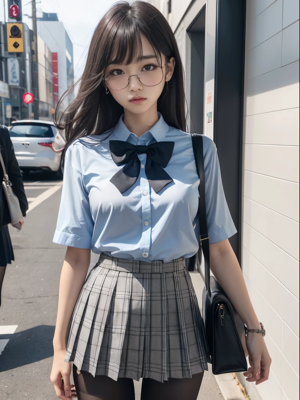 bob cuts、I see underwear)、まるeye glass、((細いThe eye))、((細いThe eye))、((細いThe eye))、(8K、生a picturegraphy、top-quality、masterpiece:1.2),、Has a small、(flat breast)、(flat breast)、(flat breast)、(flat breast)、(flat breast)、(being thin)、light skinned、skin whitening、Dark look、Rasping,glamor,light skinned肌,cocky,School,watching at viewers,Looking at the front,Muchimuchi,High-pitched clothing,Erotic,Pupils,de pele branca,kne,((Black pantyhose)),absurderes,a small face,,Forehead visible,Bangs hanging from the left and right sides of the forehead,(a cold expression,The eyeがきつめ,glares,Bullish,irate)、masterpiece,top-quality、超A high resolution,生a picture,ren,Beautiful fece,One Person, 独奏,eye glass,,Dark look,Small breasts,fullllbody,,JK school uniform,hi-school girl,A Japanese Lady, Standing,(Photorealsitic:1.37)、Photon mapping,Realistic、Beautie,Cute little face,ブラウンThe eye、Black socks、(Red bow tie)、Radio City、Physically Based Rendering、depth of field rally background、a picture,Body,beauty legs, Long legs, Thin leg,(Bangs are visible), hair, s lips, Blue_The eye, nosesoft,(Light blue shirt), (Navy and blue and white plaid pleated skirt), kneが見える,Sheer clothing,, Thigh, Black cotton socks,Nogizaka Idol, , Japanese ido