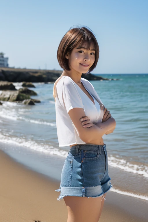 Japan Beauty,High Teenager,is standing全身写真,Niō Standing,Straight in front photo,a smile,photo of thighs
(Detailed body,lean body,small bust,Small breasts,Small,small tits,big breasts thin waist,Larger hips,Thick thighs)
(detailed photo composition,is standing,FULL BODYSHOT,full body shot,Shot straight ahead,Standing,eye level photo)
(detailed costume,Navel exposed white short sleeve blouse,Red miniskirt)
(A detailed face,elongated facial contour,少しa smile,Sharp cheeks,Round chin,neat nose)
(A detailed eye,Looking at the camera,skinny cheeks,Round chin,Slender eyes,Beautiful eyes,Dark gray eyes)
(Detailed hair,Bob cut hair,a little brown hair)
(Detailed shooting location,beach,sand beach)
