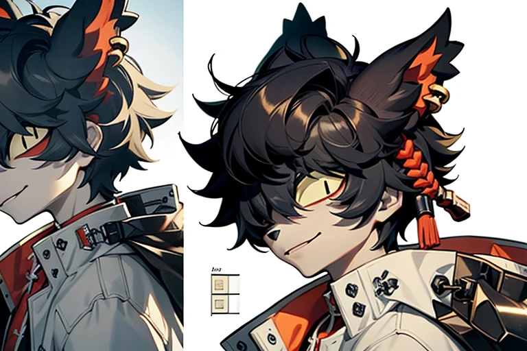​master piece, hyper quality, Hyper Detailed, Perfect drawing, 1boy, Plain white background Teenage characters with reference stickers Fresh and cold temperament Masterpiece quality HD portraits Meticulous beauty Proud face Admiration Clear blue eyes Dark gray hair Tousled waving wolf ears Mysterious, inconspicuous wolf tail, clean military lines, confident face，Create a pure atmosphere Unique decoration for teenagers Mysterious atmosphere Delicate little boy Strong presence，Hard and soft, a coveted masterpiece, (Character Sheet:1.4), (Concept art:1.4), Fashionable