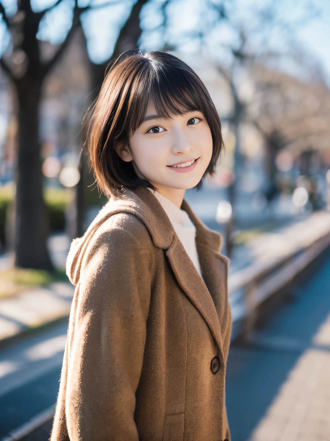 Photorealsitic, 8K, Full body portrait, Beautuful Women, A charming expression, Shorthair, sixteen years old, TOKYOcty, Winters, Shibuya in the background