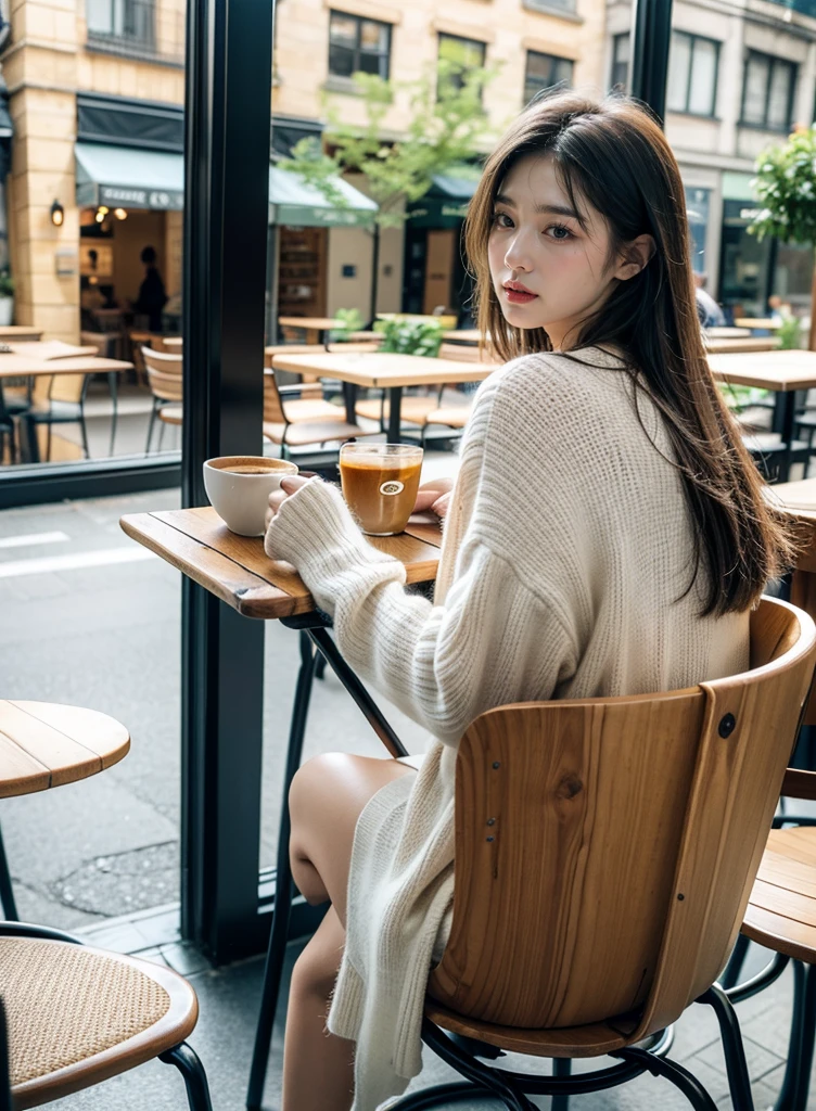 Terrace seating in an open café, Sandwich placed on the wooden desk, Cafe latte on the desk