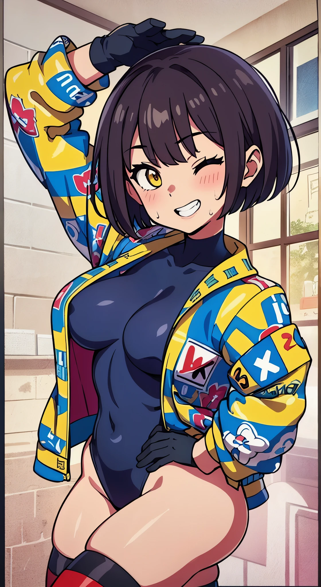 (Perfect body),Best Quality,(8K Portrait),(anime screen cap)、((Police Woman)),blush,Sweat,((large udder))、(Dark hair),((bob cuts))、Yellow eyes,(((thick thighs))),((((Navy blue leotard))))、from behind、((A smile))、Cowboy Shot、((saluting))、((((Left hand on hip))))、(Navy blue jacket)、showing teeth、one eye closed、(((Chibi)))、kneeking