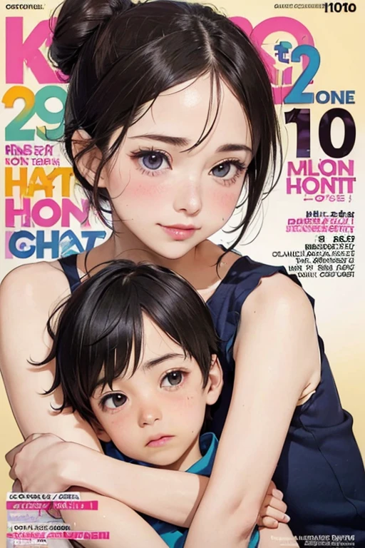 (colorful  Magazine cover with lots of text)，(close-up:1.2)，pajamas， 1girl，Grasp by hand，(mother and son:1.5)，(kiss:1.2)，(A ten-year-old boy:1.4)，(hug)，(1boys:1.6)，{26-year-old lactating woman},drunken eyes,Side Chest,open at the chest,disproportionate breasts, Nipples standing up,sweat,((Sleeveless, low-necked , open neckline:1.3)),{hairbuns，Women's hairstyle}, (areola:1.4)，Ultra-fine face, detailed eye, Double-fold eyelids，ssmile，pervert