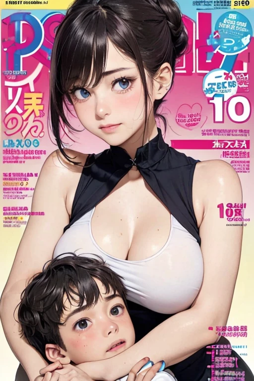 (colorful Magazine cover with lots of text),(close-up:1.2),pajamas, 1girl,Grasp by hand,(mother and son:1.5),(kiss:1.2),(A ten-year-old boy:1.4),(hug),(1boys:1.6),{26-year-old lactating woman},drunken eyes,Side Chest,open at the chest,disproportionate breasts, Nipples standing up,sweat,((Sleeveless, low-necked , open neckline:1.3)),{hairbuns,Women's hairstyle}, (areola:1.4),Ultra-fine face, detailed eye, Double-fold eyelids,ssmile,pervert