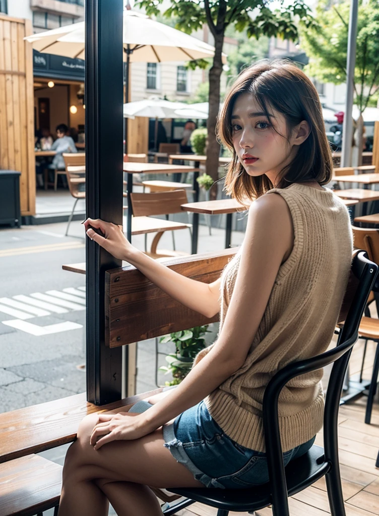 Terrace seating in an open café, Sandwich placed on the wooden desk, Cafe latte on the desk