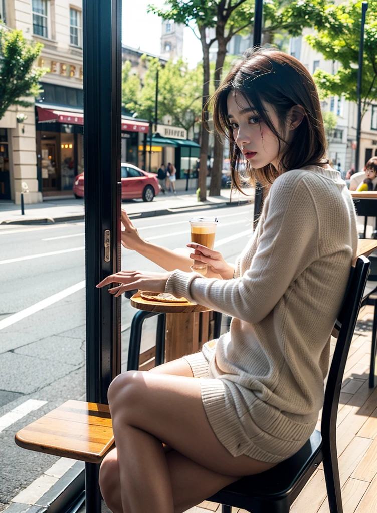 Terrace seating in an open café, Sandwich placed on the wooden desk, Cafe latte on the desk