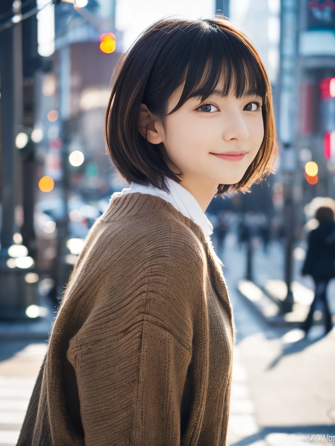 Photorealsitic, 8K, Full body portrait, Beautuful Women, A charming expression, Shorthair, , TOKYOcty, Winters, Shibuya in the background