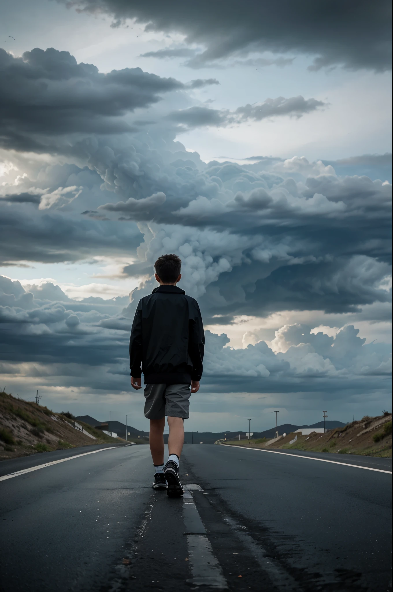 A boy walking alone on an ominous road with cloudy sky