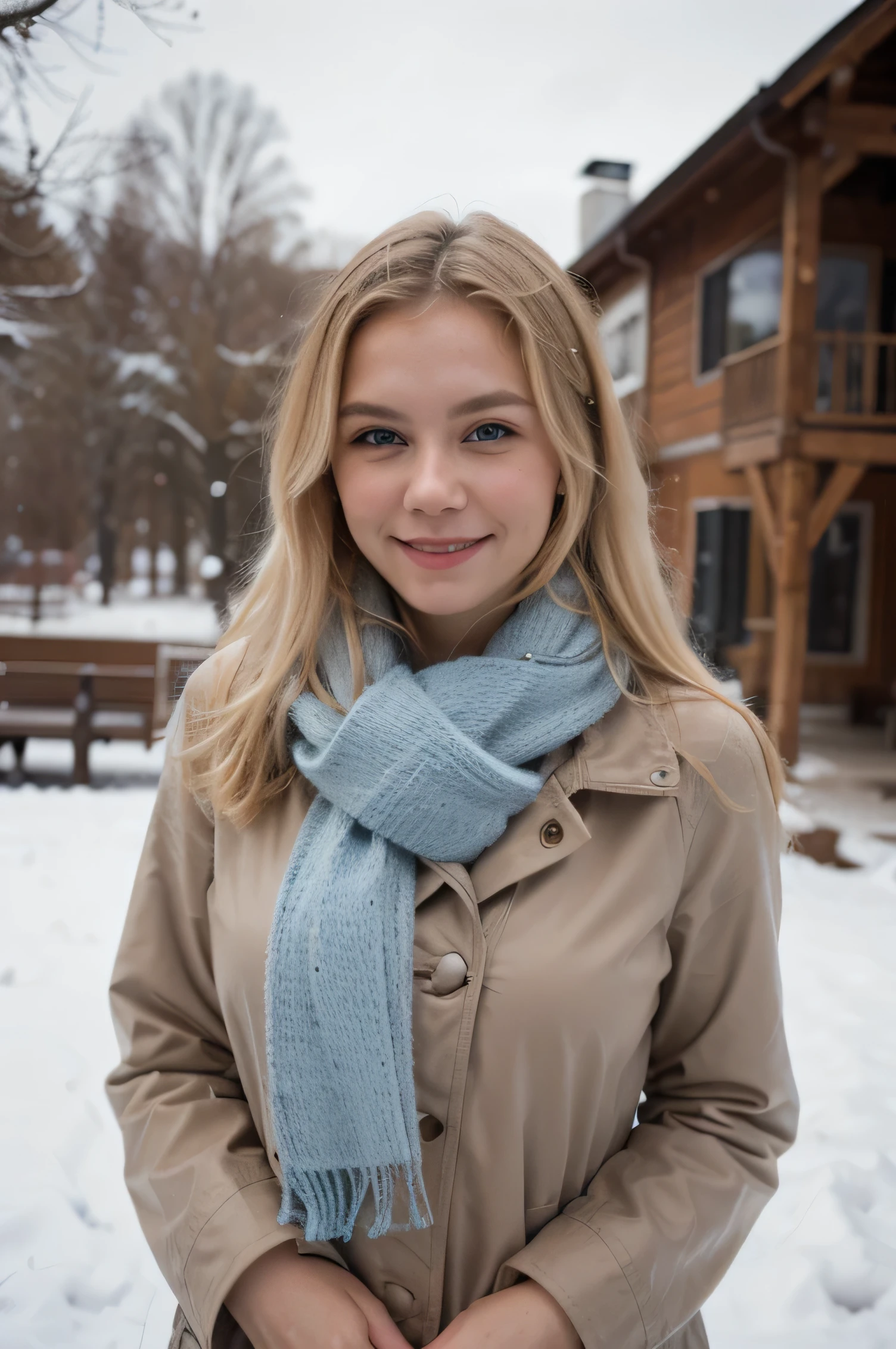Extremely realistic blonde Russian girl with blonde hair and blue eyes, smiling at the camera, detailed clothing, winter clothing, wearing scarf