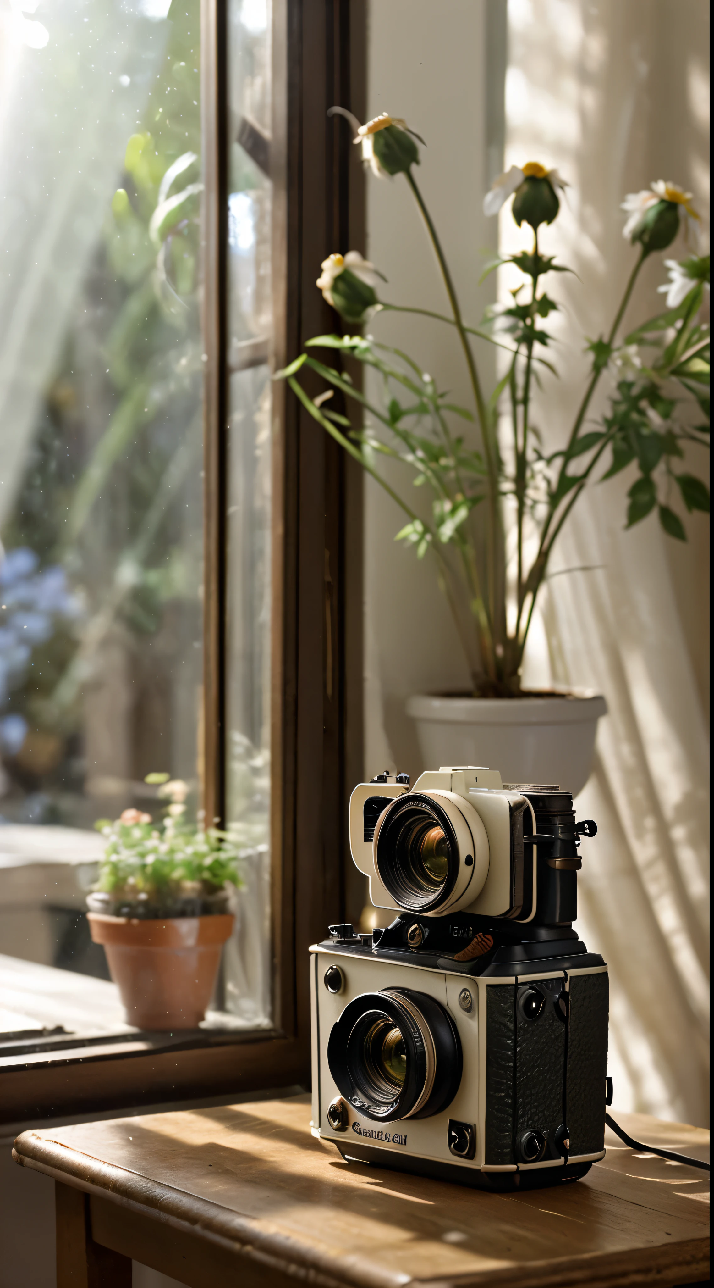 A classic camera on table, side camera is flower pot, sunray through window, bokeh effect