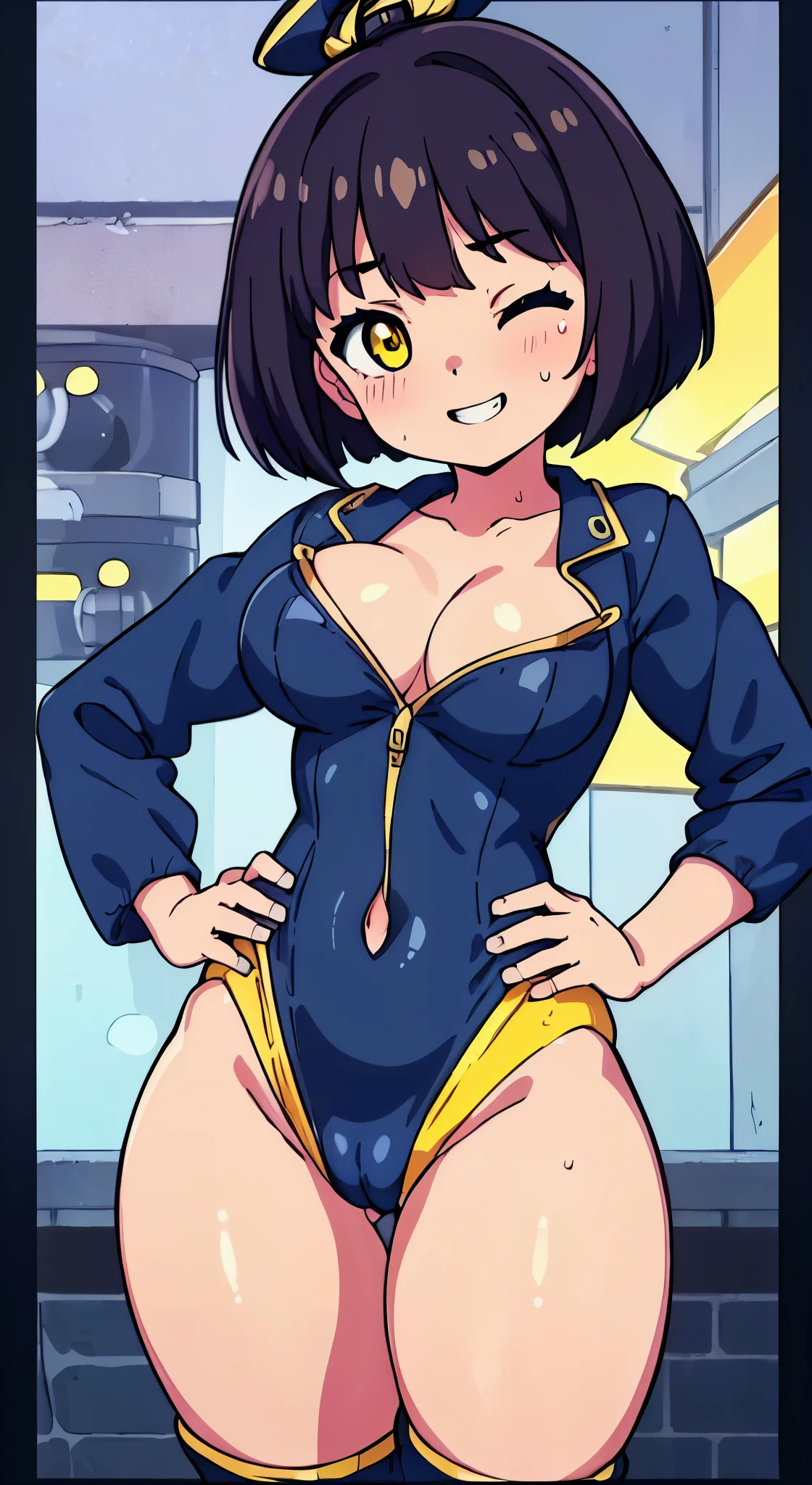(Perfect body),Best Quality,(8K Portrait),(anime screen cap)、((Police Woman)),blush,Sweat,((large udder))、(Dark hair),((bob cuts))、Yellow eyes,(((thick thighs))),((((Navy blue leotard))))、from behind、((A smile))、Cowboy Shot、((saluting))、((((Left hand on hip))))、(Navy blue jacket)、showing teeth、one eye closed、(((Chibi)))