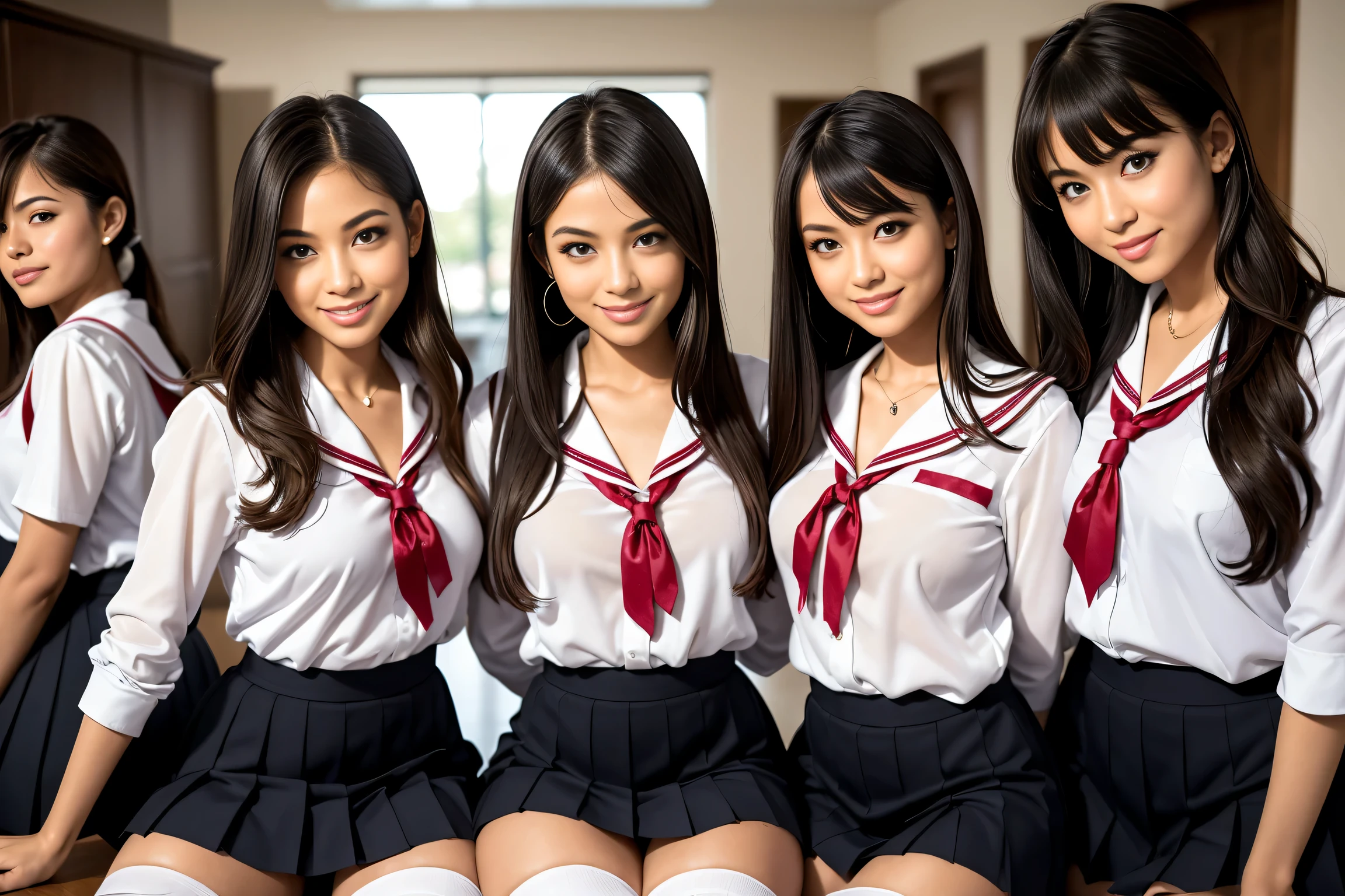 (Masterpiece, Professional lighting, 16k, 8k wallpaper, raw photo, photorealistic:1.8, ultra detailed, natural gentle lighting, detailed skin, detailed face, detailed eyes, textured skins, cinematic composition, detailed background:1.2 ), (High school girls inside school corridor:1.4, luxury furniture, Japanese highschool uniform:1.1 cleavage), looking at viewer, Shy face, laughing , smiling, embarrassed, grin:0.7, silky skins, no makeup, glossy lips,  group shot, (identical school uniform, blouse, see through:0.9), (naked :0.3), (3 girls:1 perfect style, slender),  ((attractive feminine body)), laced bra, silky panties, ((wearing identical seifuku, spread legs, pleated skirt, black stockings, blouse, see through, roafur)), wavy ponytail, twintails, light brown hair, black hair, ribbons