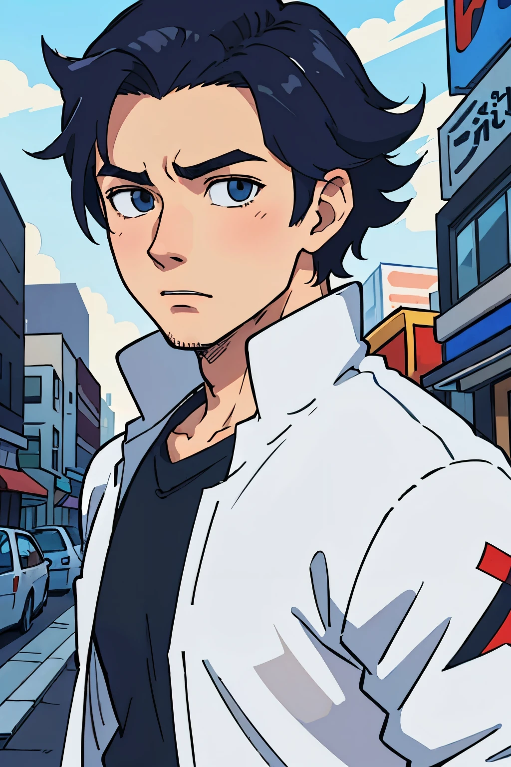 (best-quality:0.8), (best-quality:0.8), perfect anime illustration, extreme closeup portrait of a handsome man, young man, fair skin, walking through the city