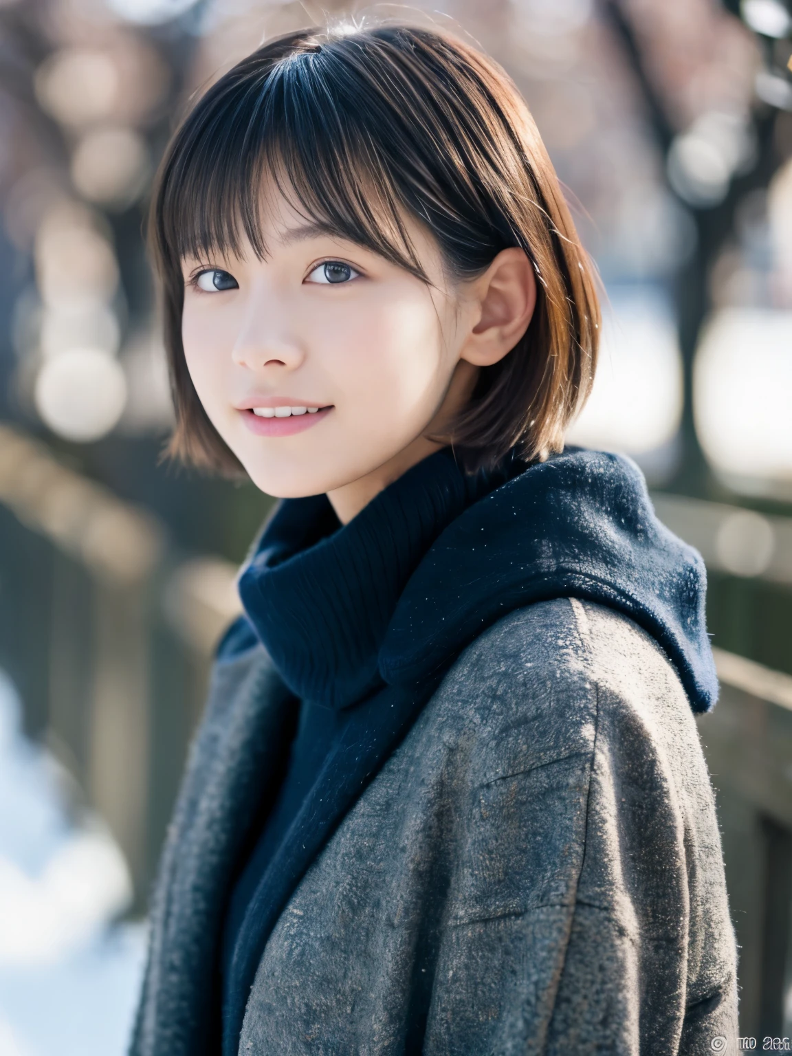 Photorealsitic, 8K, Full body portrait, Beautuful Women, A charming expression, Shorthair, sixteen years old, TOKYOcty, Winters, Shibuya in the background