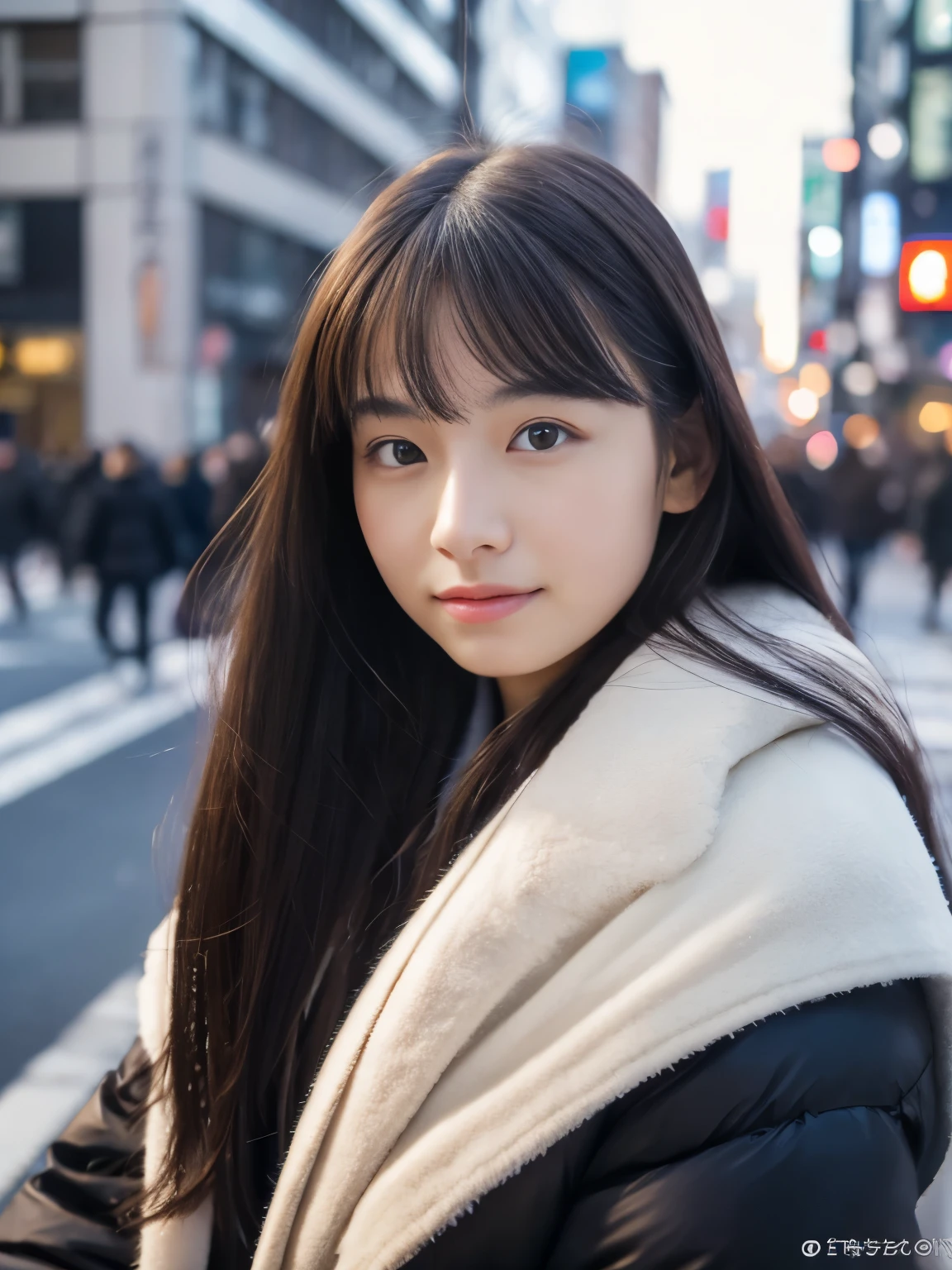 Photorealsitic, 8k full-length portraits, Beautuful Women, A charming expression, sixteen years old, TOKYOcty, Winters, Shibuya in the background